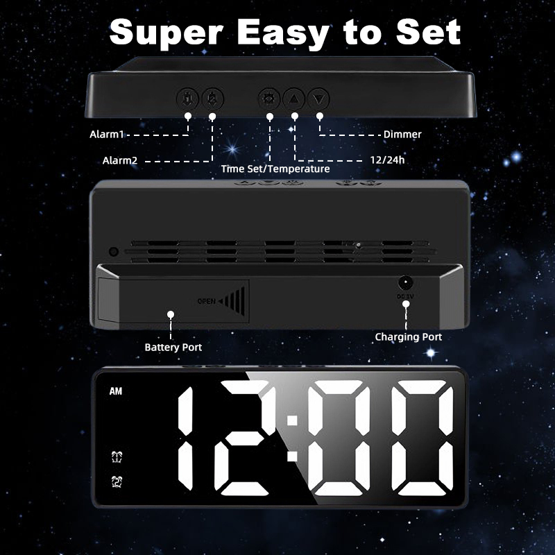 LED Digital Clock Digital Clock Wall Alarm Clock Mirror LED Night Light ...