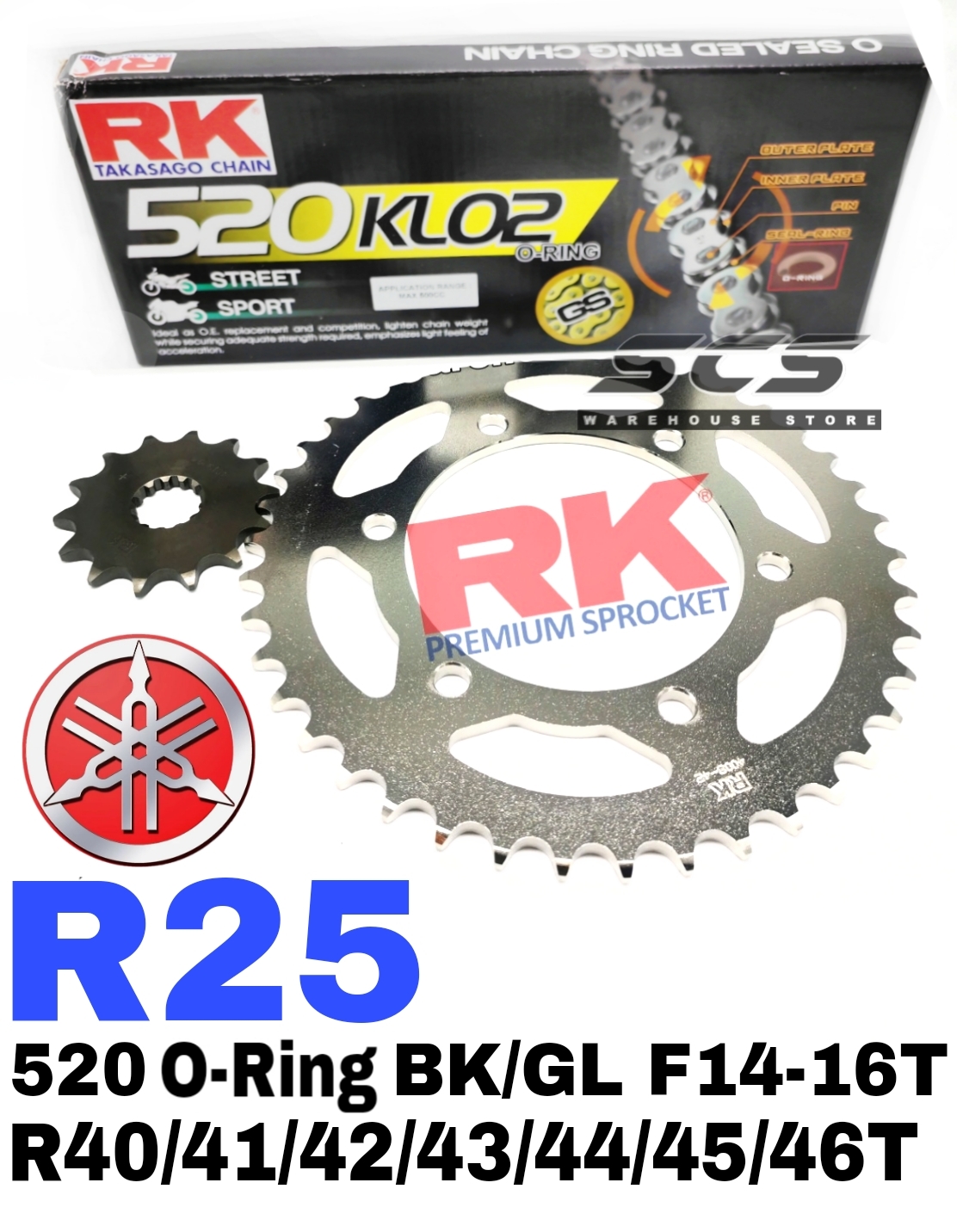 RK Sprocket Set YAMAHA R25 520 RK KLO2 O-Ring Rivet Black / Gold Chain ...