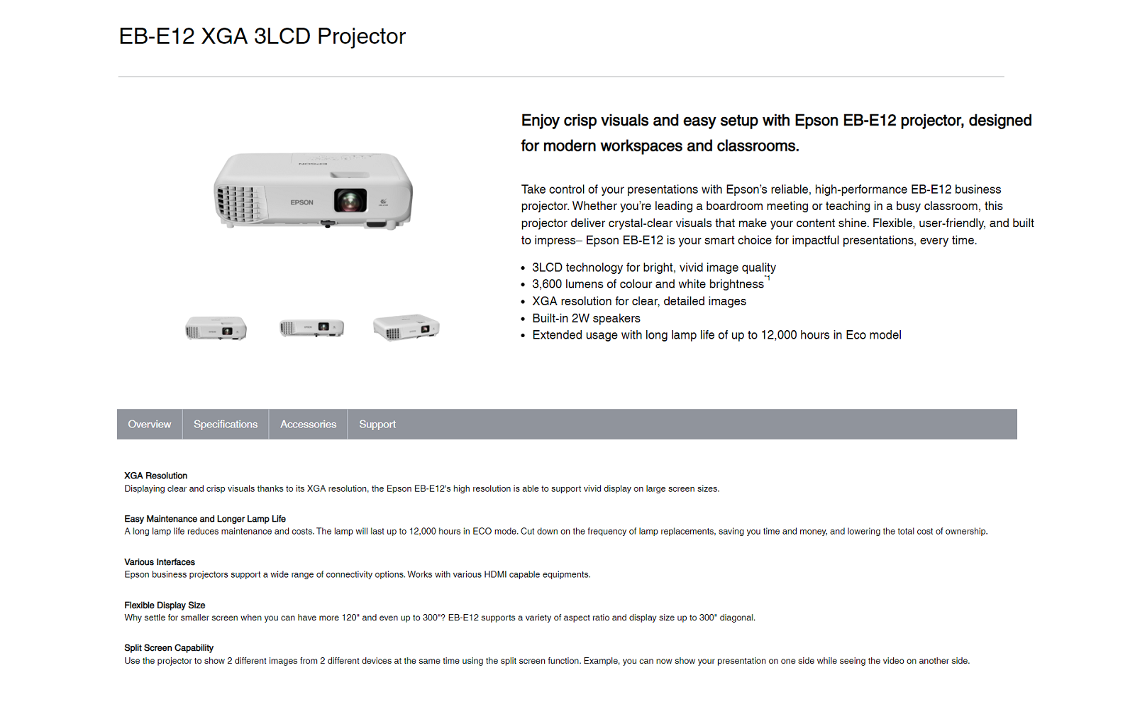 EPSON EB-E12, EB E12 3,600 LUMENS / EB-E01, EB E01, E01 PROJECTOR 3300 ...