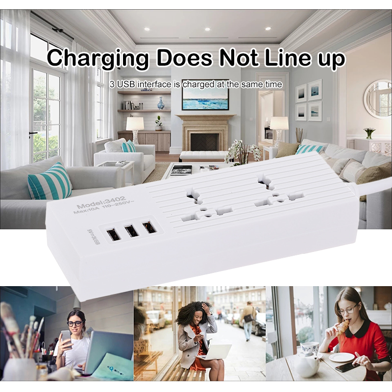 3USB 2Plug Power Socket Extension With USB Ports Cable UK Plug Adapter ...