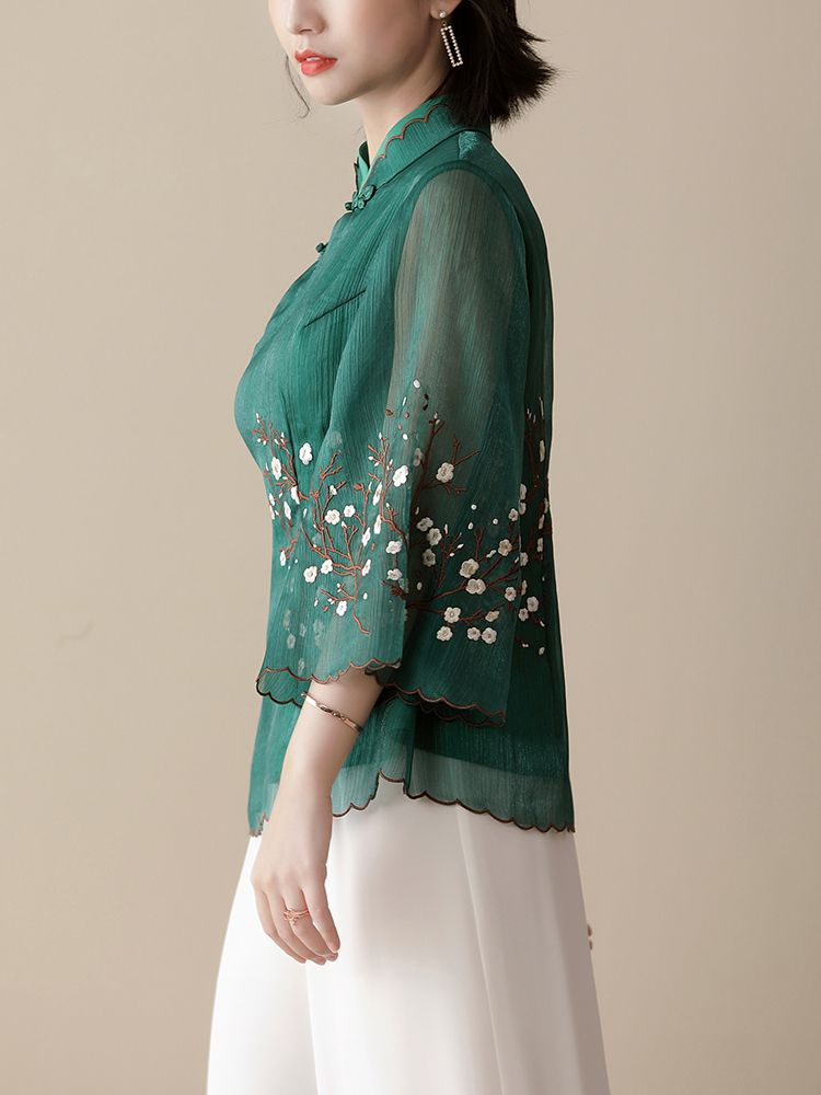 Floral Embroidered Chiffon Blouses Women Half Sleeve Vintage Tang Suit ...