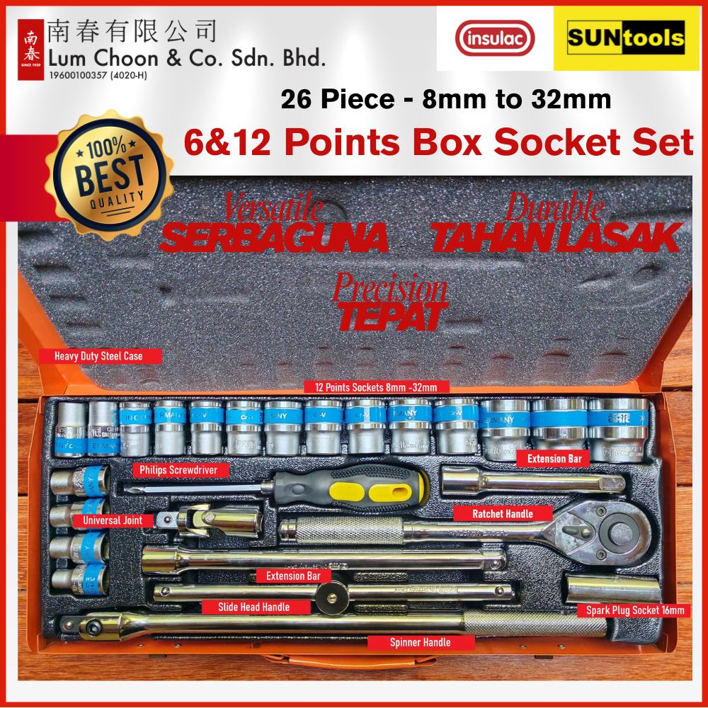 Box Socket Set 12 and 6 points 26 piece 8 - 32mm includes ratchet slide ...