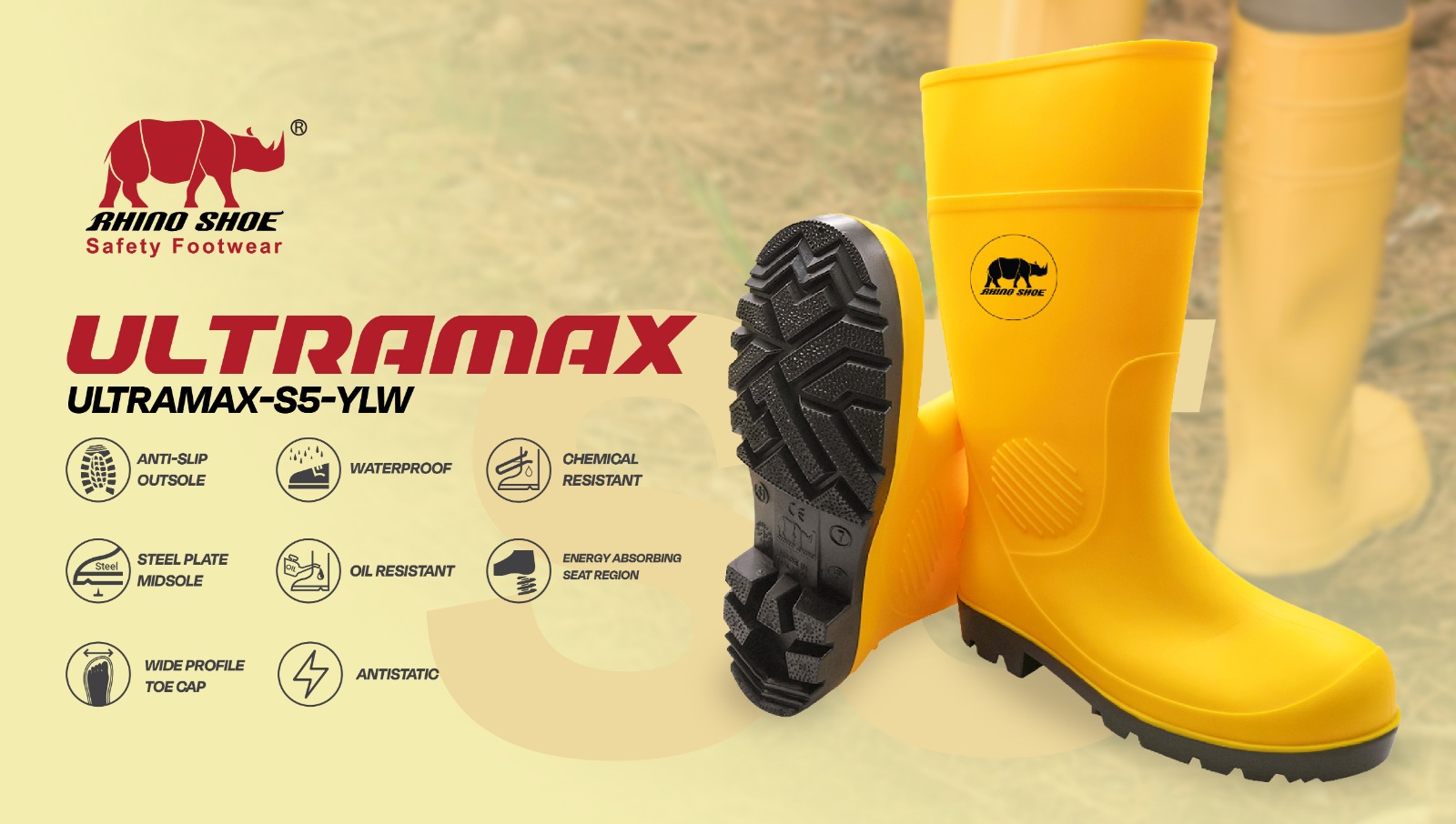 RHINO Safety Rubber Boots Anti Slip Waterproof Chemical Oil Resistant ...