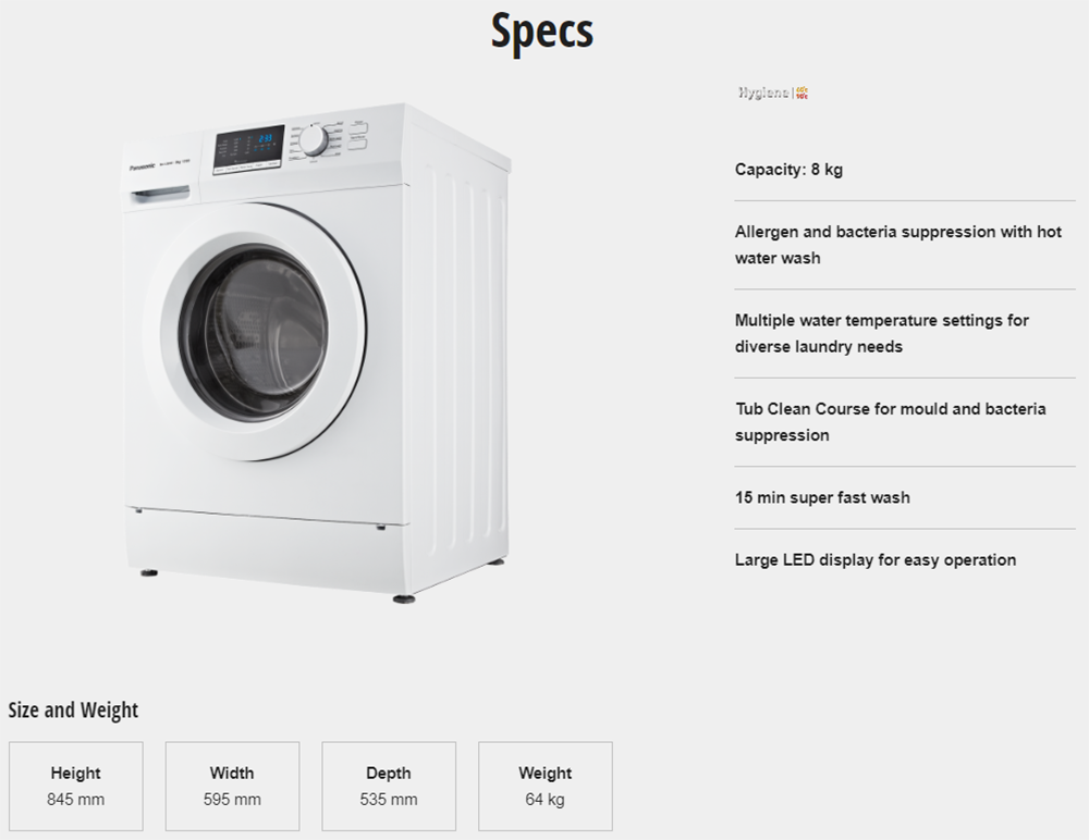 Panasonic NA128XB1WMY 8kg Hygiene Care with Hot Water Wash Front Load