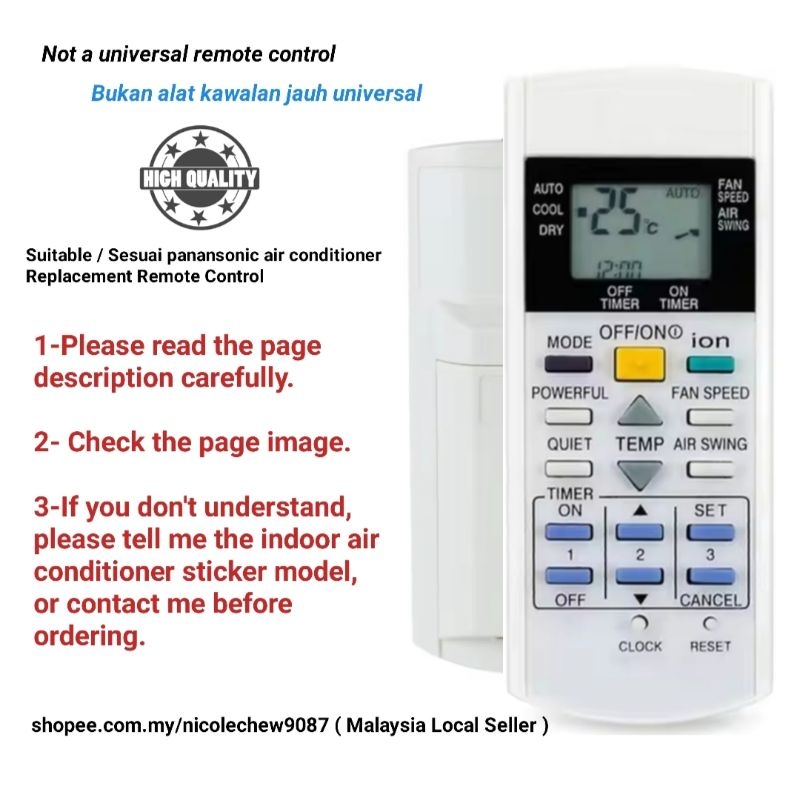 Panasonic air cond air conditioner ion Replacement Remote Control ...