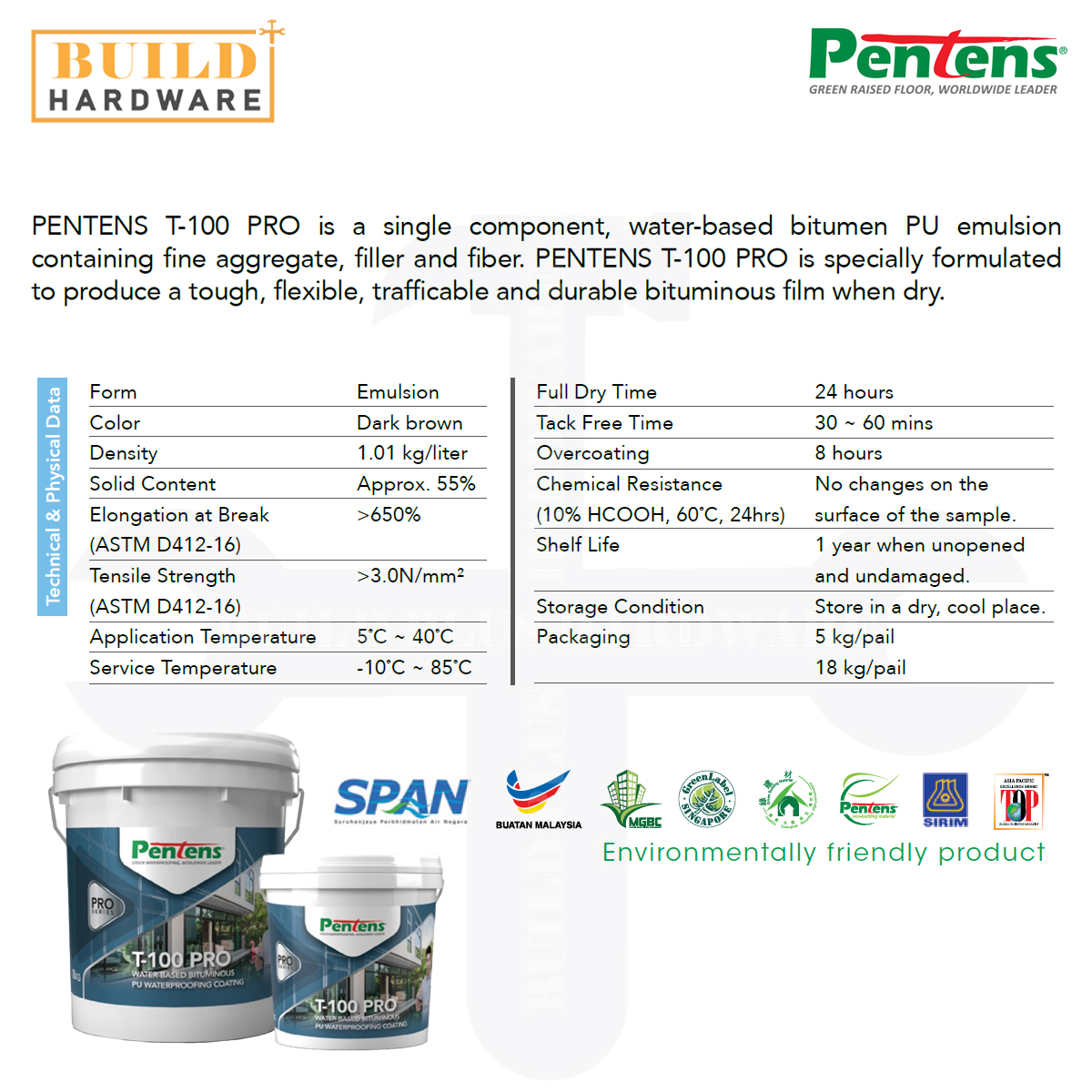 PENTENS T-100 PRO 5kg Water-Based Bituminous PU Waterproofing Coating ...