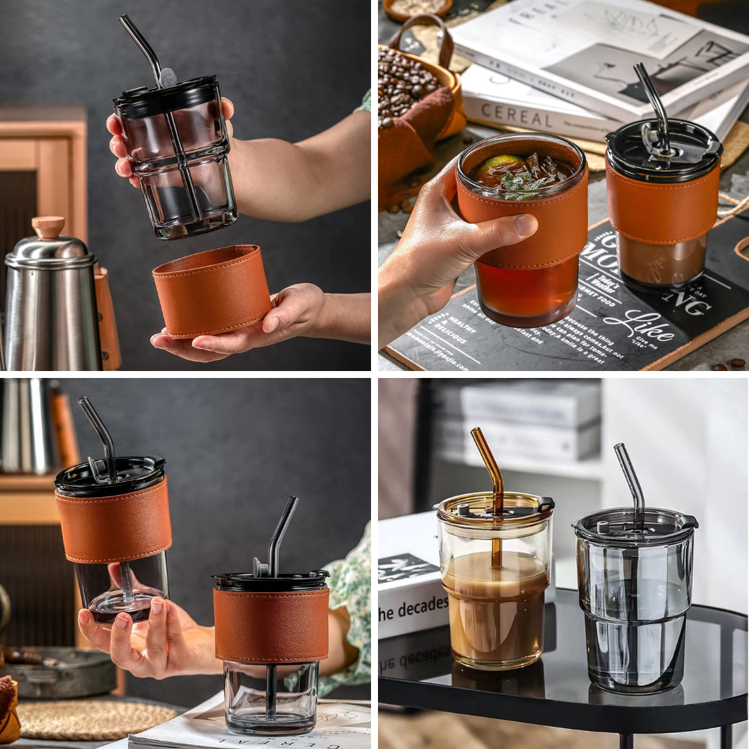 Glass Straw Cup with Lid Heat Cold Resistant Iced Water Bottle Viral ...