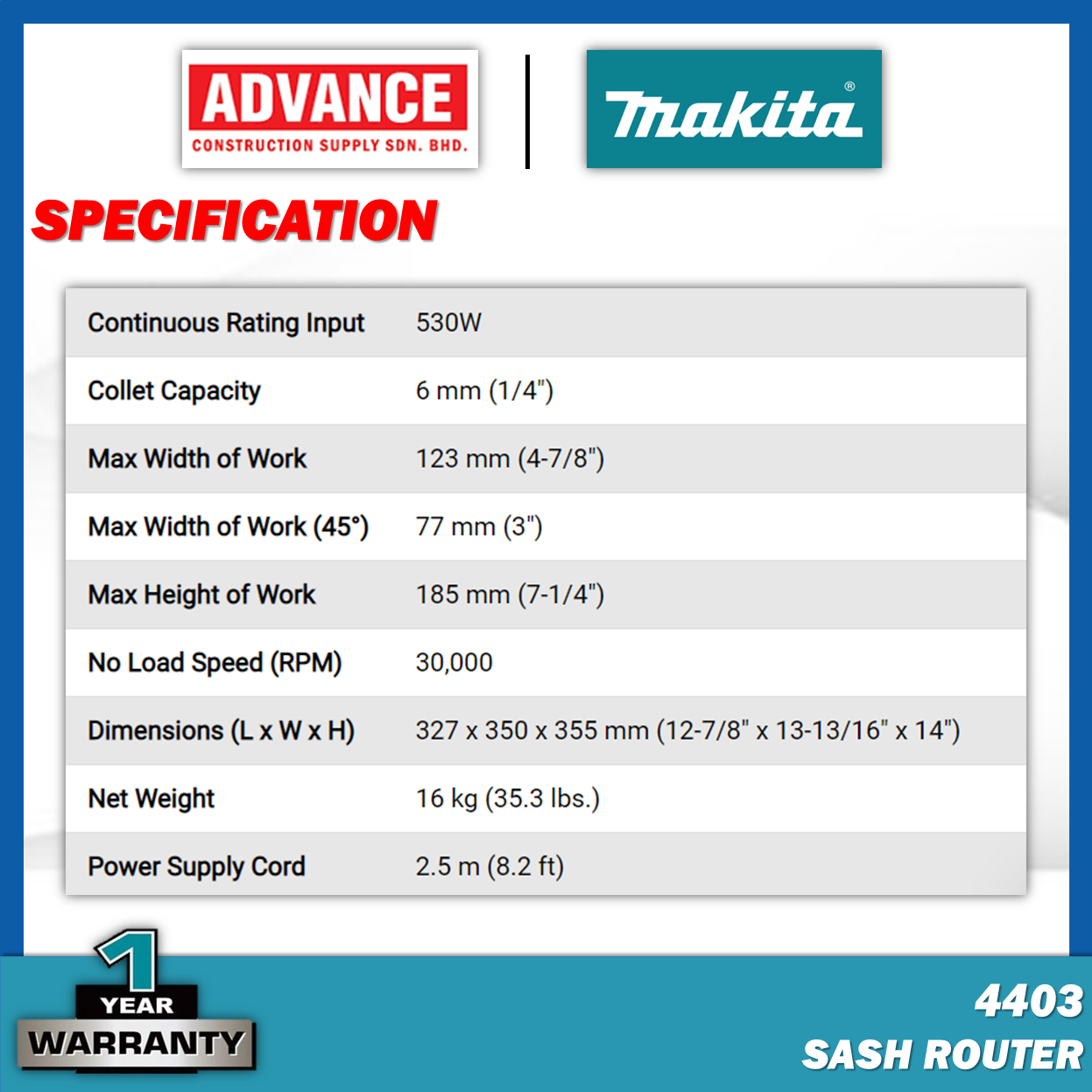 MAKITA 4403 Sash Router 6MM (1/4