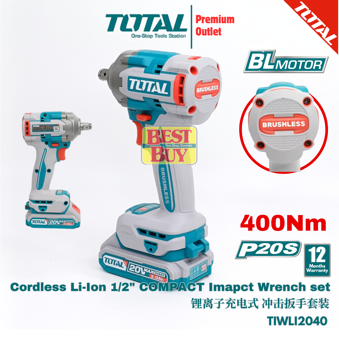 TOTAL 20V Cordless 2 IN1 COMBO SET, 400Nm BL motor Impact wrench +W ...