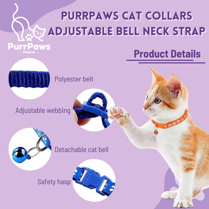 PurrPaws Cat Collars with Paw Prints and Bell Cat Adjustable Neck Strap ...