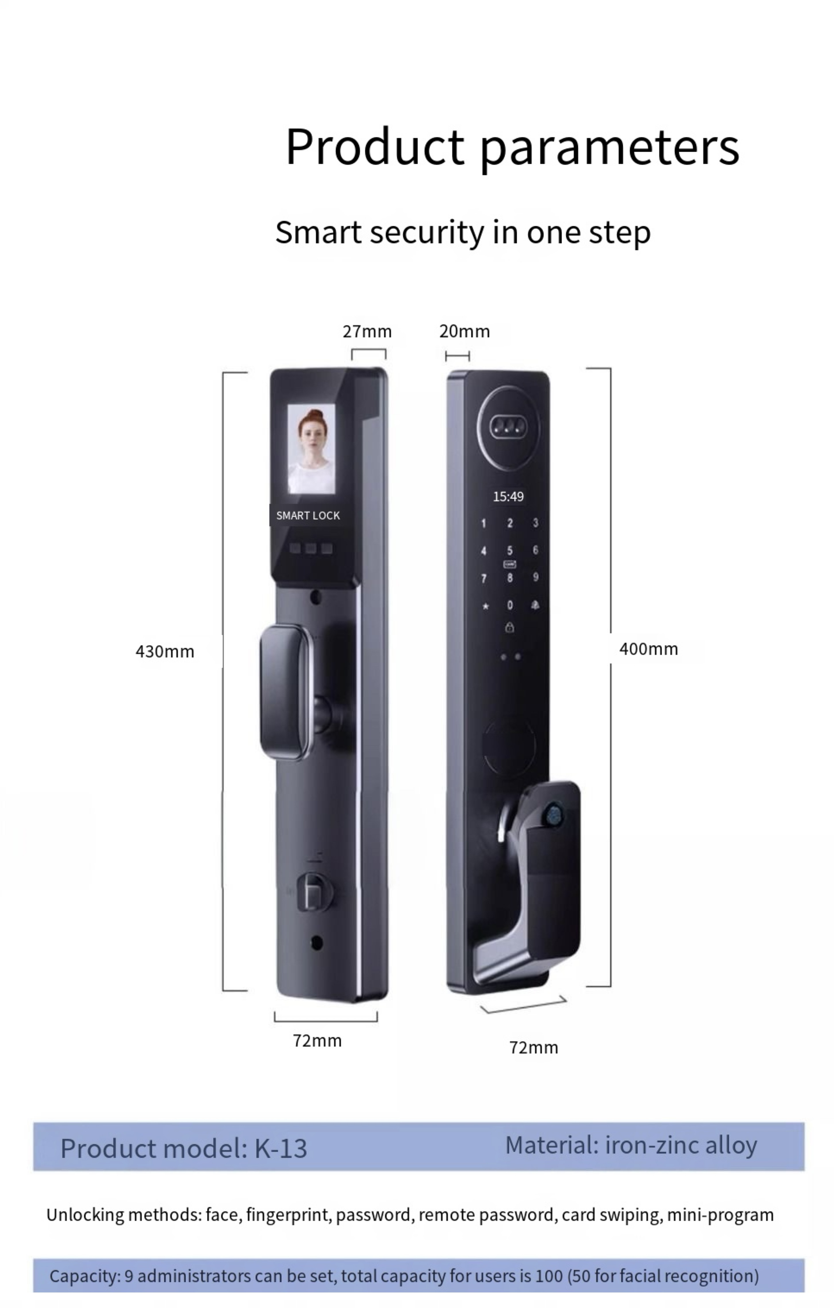 New Style 8 in 1 Face Identification Automatic Password Smart Door Lock ...