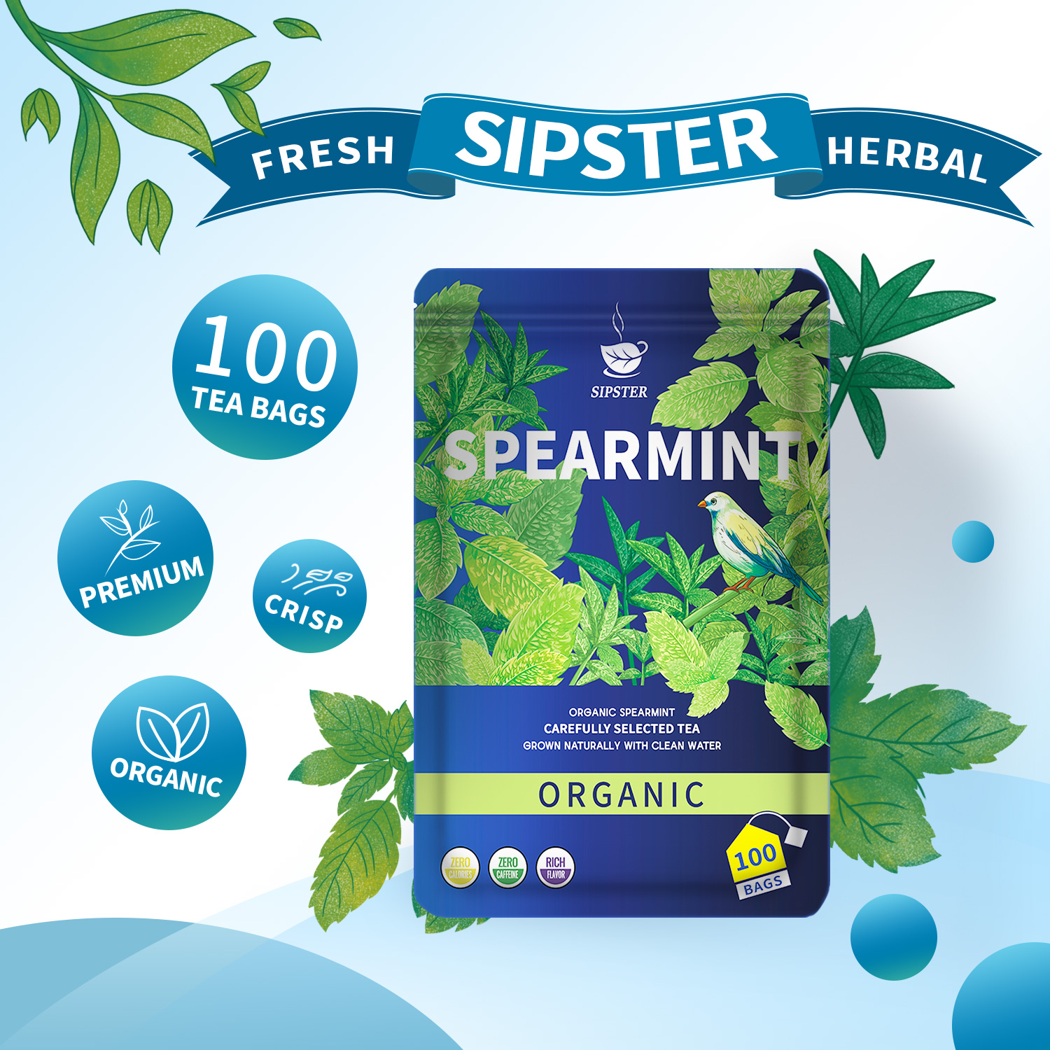 SIPSTER Spearmint Herbal Tea – 100 Tea Bags | Teh Herba Pudina | 160g ...