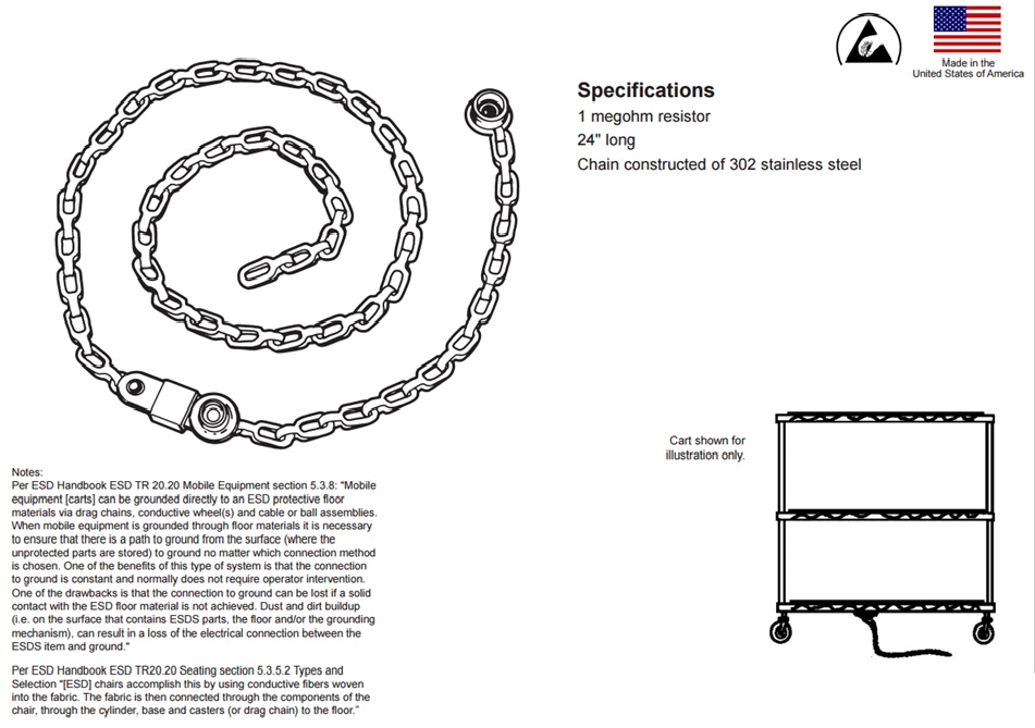 ESD Grounding Chain for carts, trolleys & chairs c/w Built-in 1 mega ...