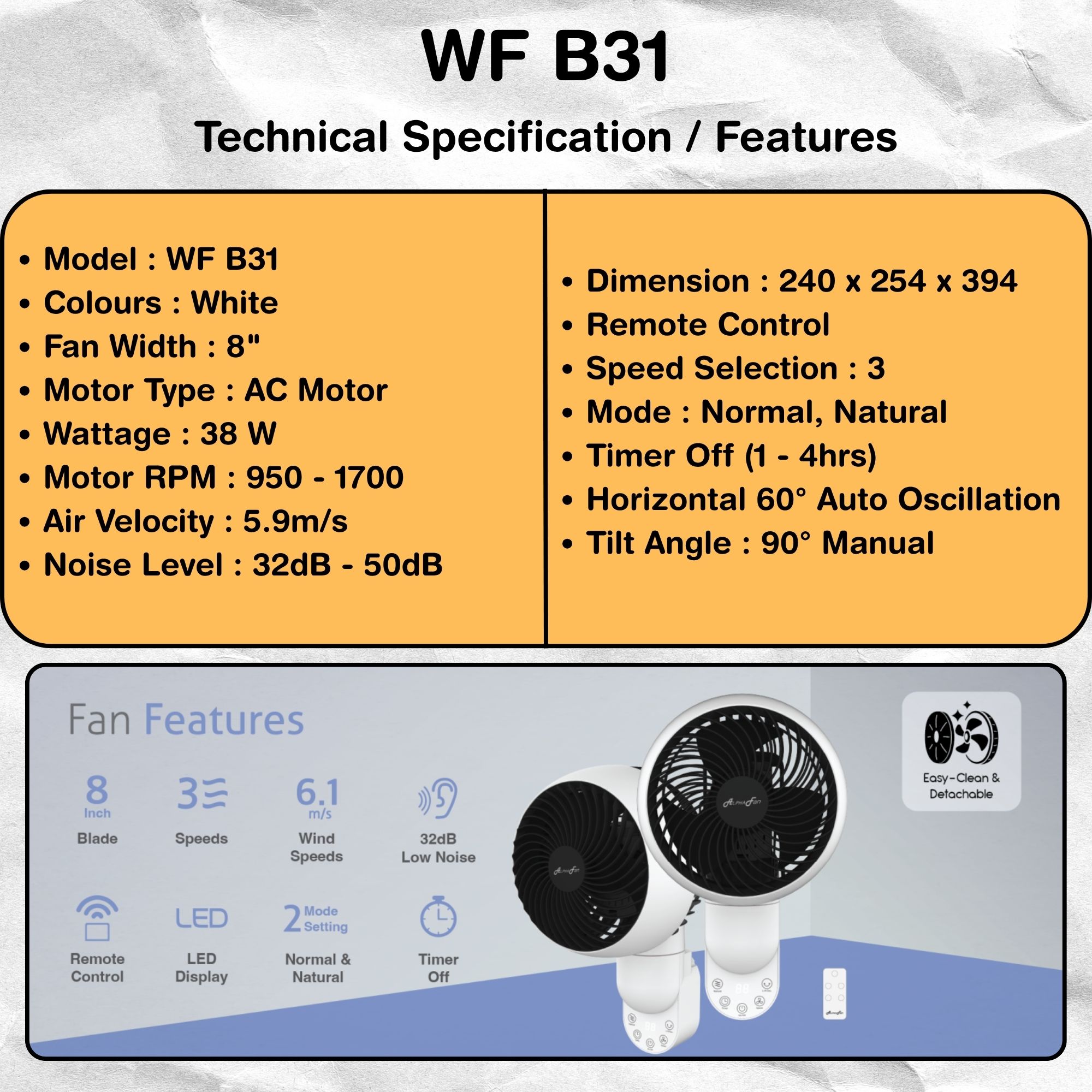 【ALPHA Motto WF B32 / B31】Wall Fan with 7 Blades 10 Speed Remote (14 ...