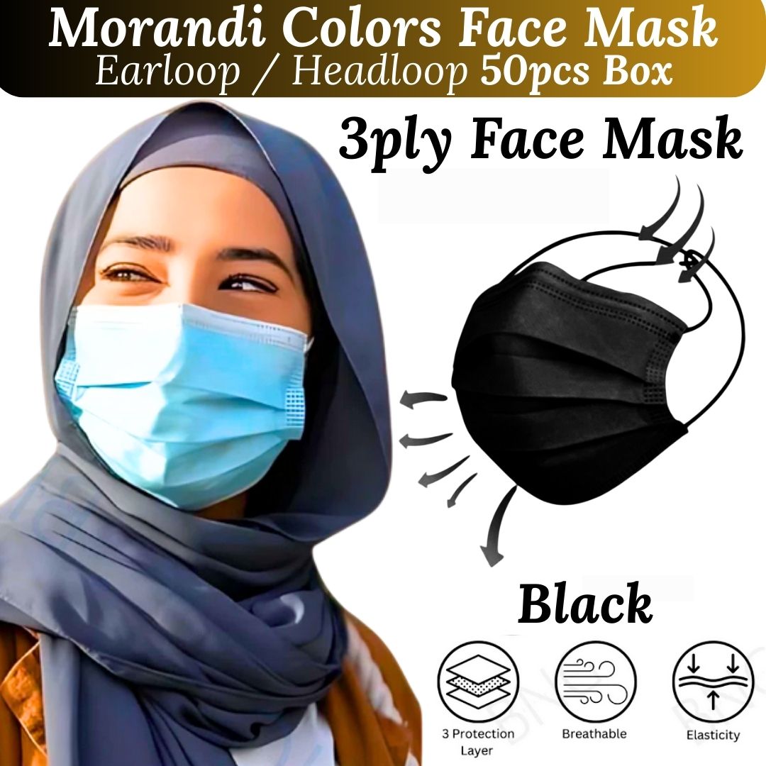 Headloop 50pcs Full Black Mask 3ply Face Mask Hijab Mask Head Loop Mask ...