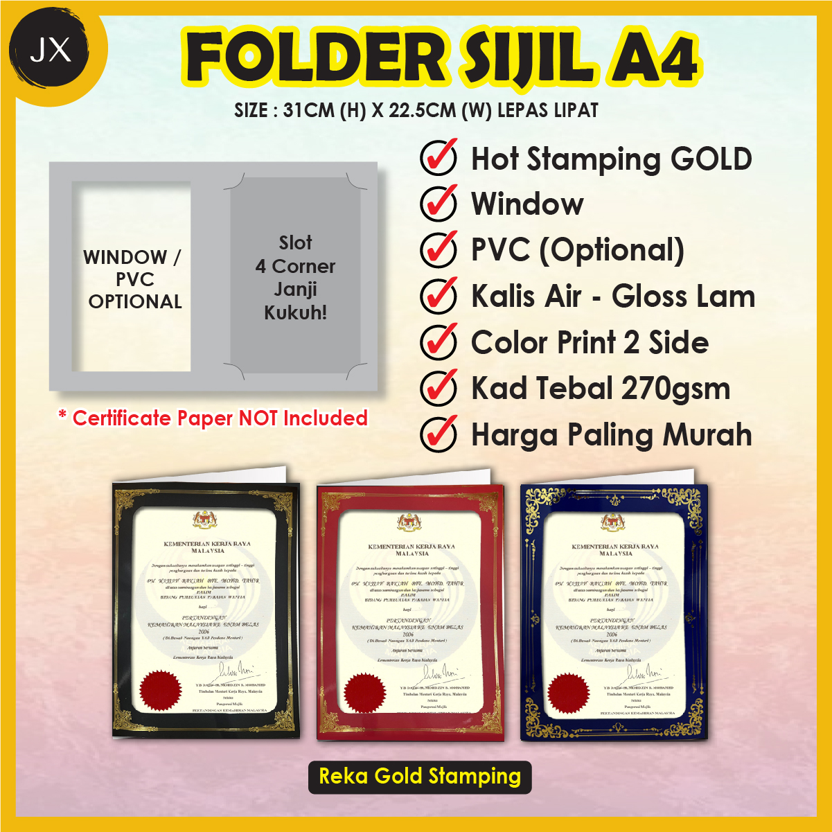 (HARGA KILANG) 100PCS 270GSM A4 Fail Sijil Premium /A4 Certificate ...