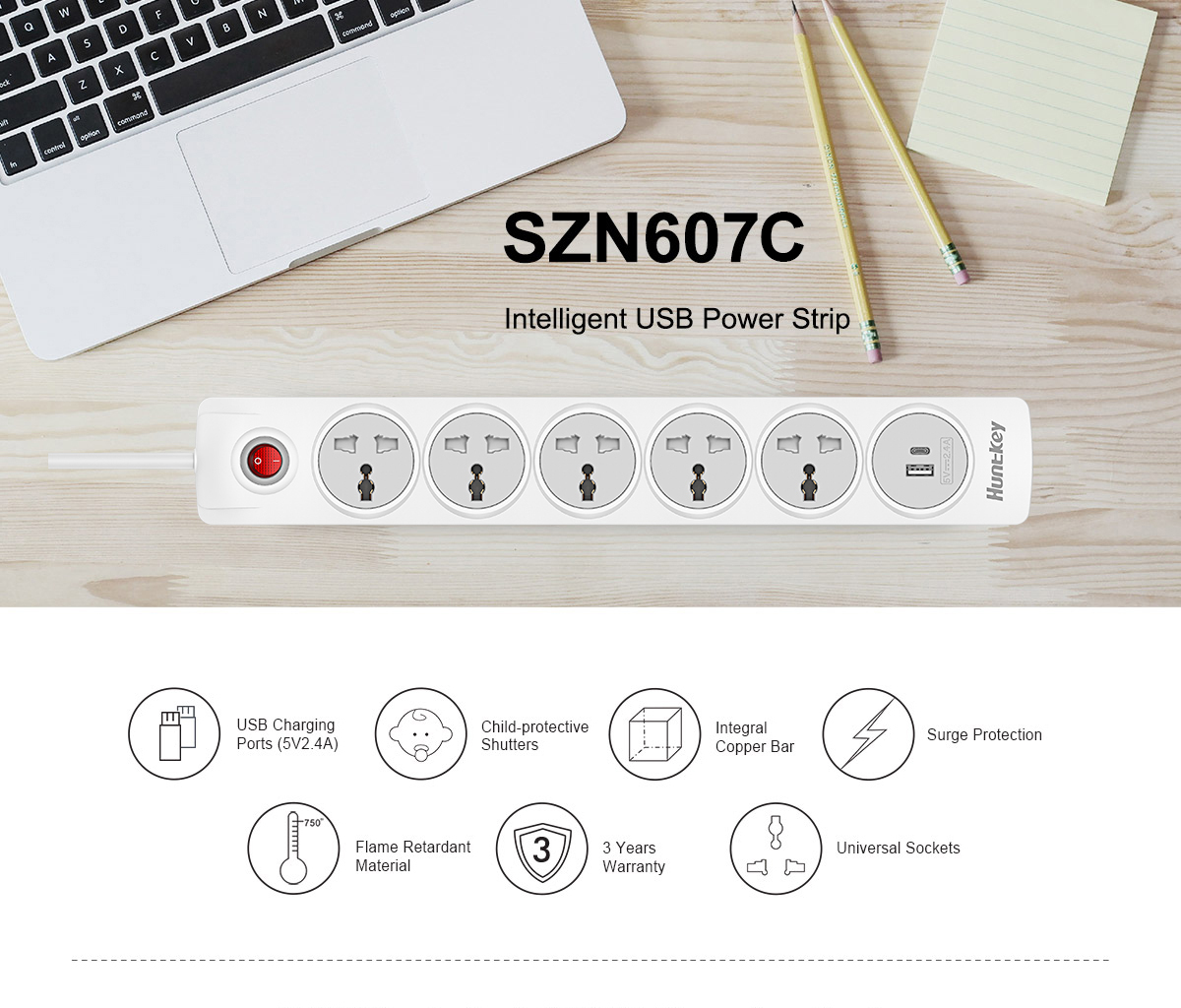 HUNTKEY SZN607C POWER STRIP SURGE PROTECTOR 5 UNIVERSAL PLUGS + 1C1A ...