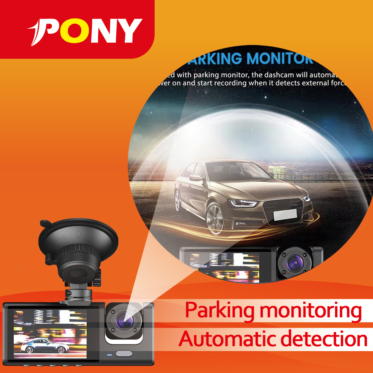 Pony 24H Record FHD 3 Camera Dashcam for Car Front + Interior + Back