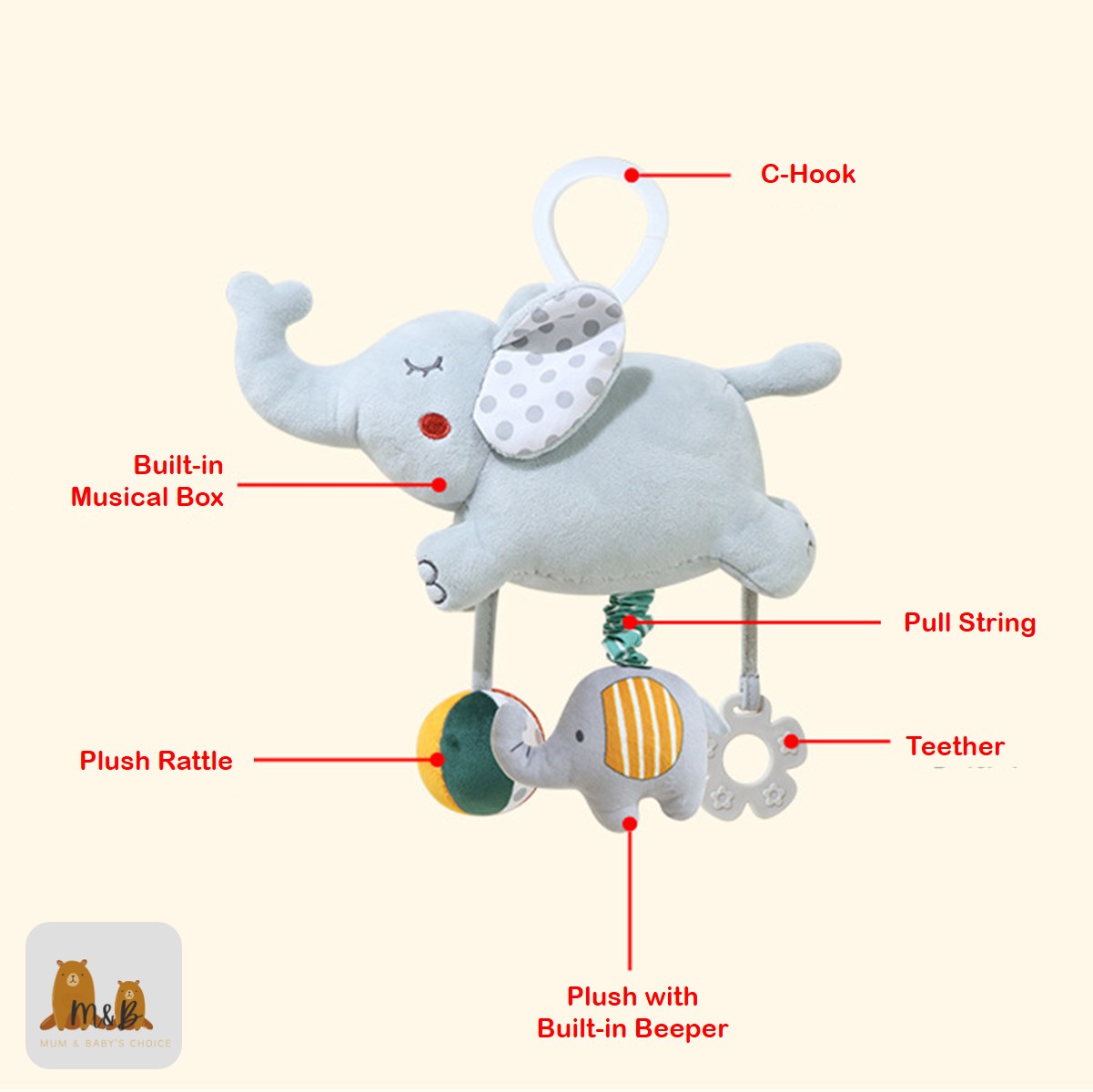 M&B Musical Pull String Baby Toys, Melody Stroller Hanging Plush Toy ...