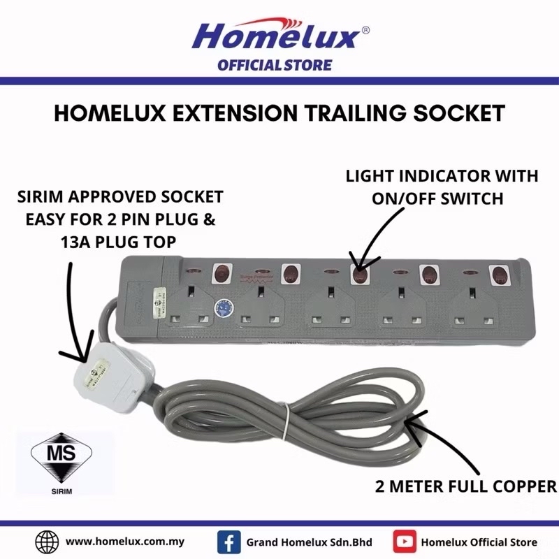 (SIRIM)HOMELUX Extension Trailing Socket 3/4&5gang 2Meter/Penyambung ...