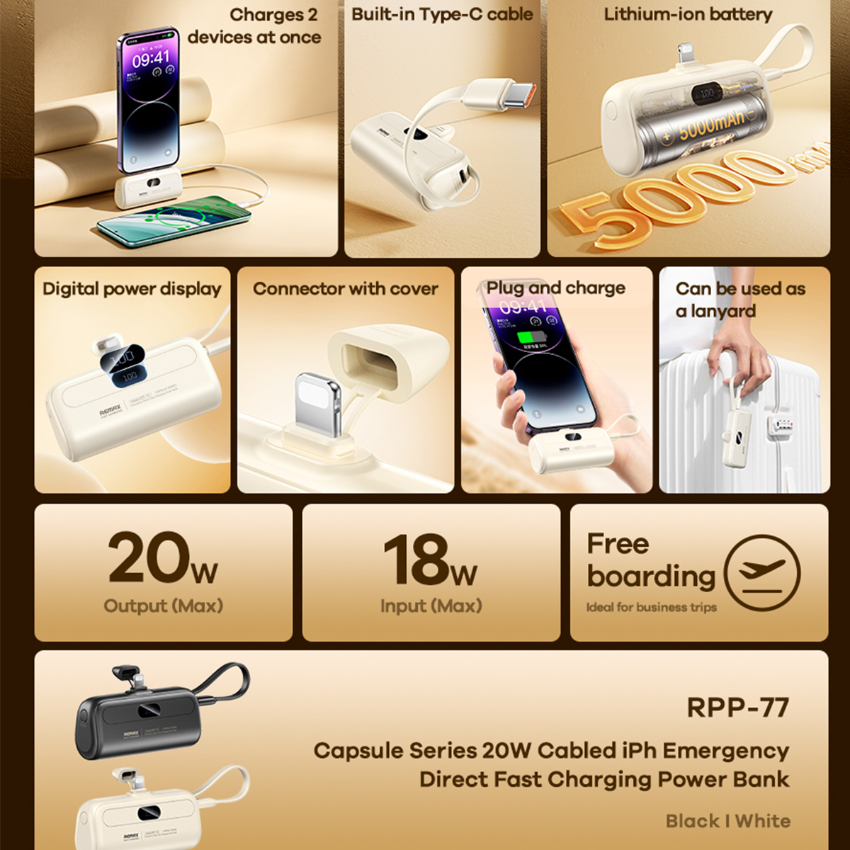 Remax 20W Mini PowerBank Fast Charging with 5000mAh (IPH/Type-c) RPP-76 ...