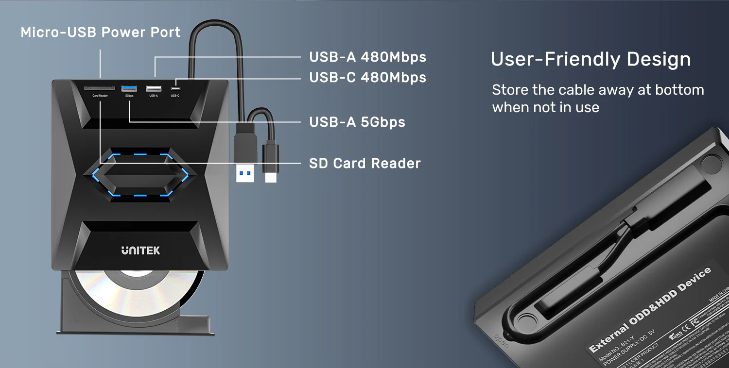 UNITEK 5-in-1 External Optical Drive with USB Hub - CD DVD Drive for ...