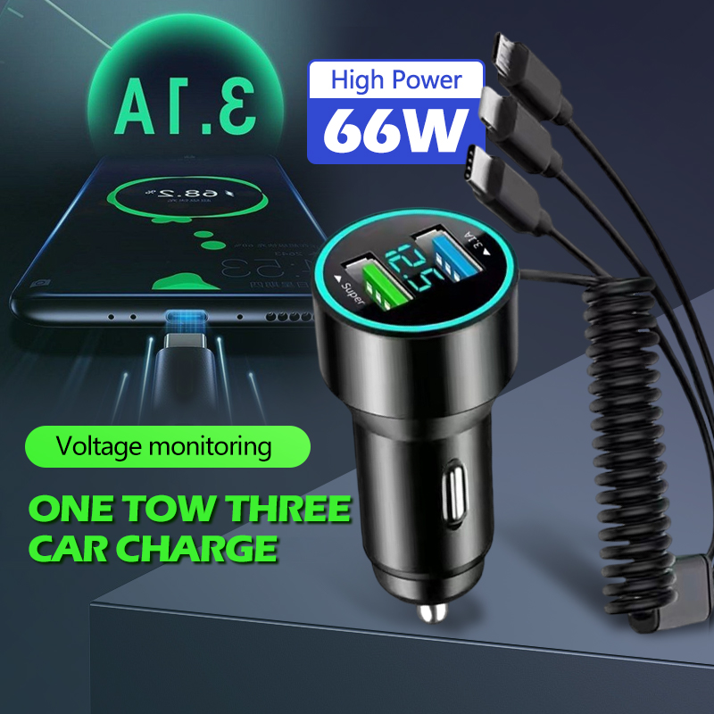 66W Car Charger Fast Charging Adapter Dual USB with 3IN1 Stretchable ...