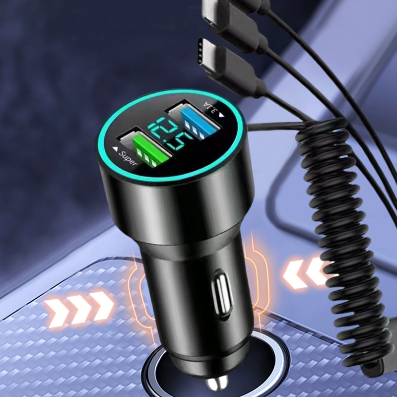66W Car Charger Fast Charging Adapter Dual USB with 3IN1 Stretchable ...