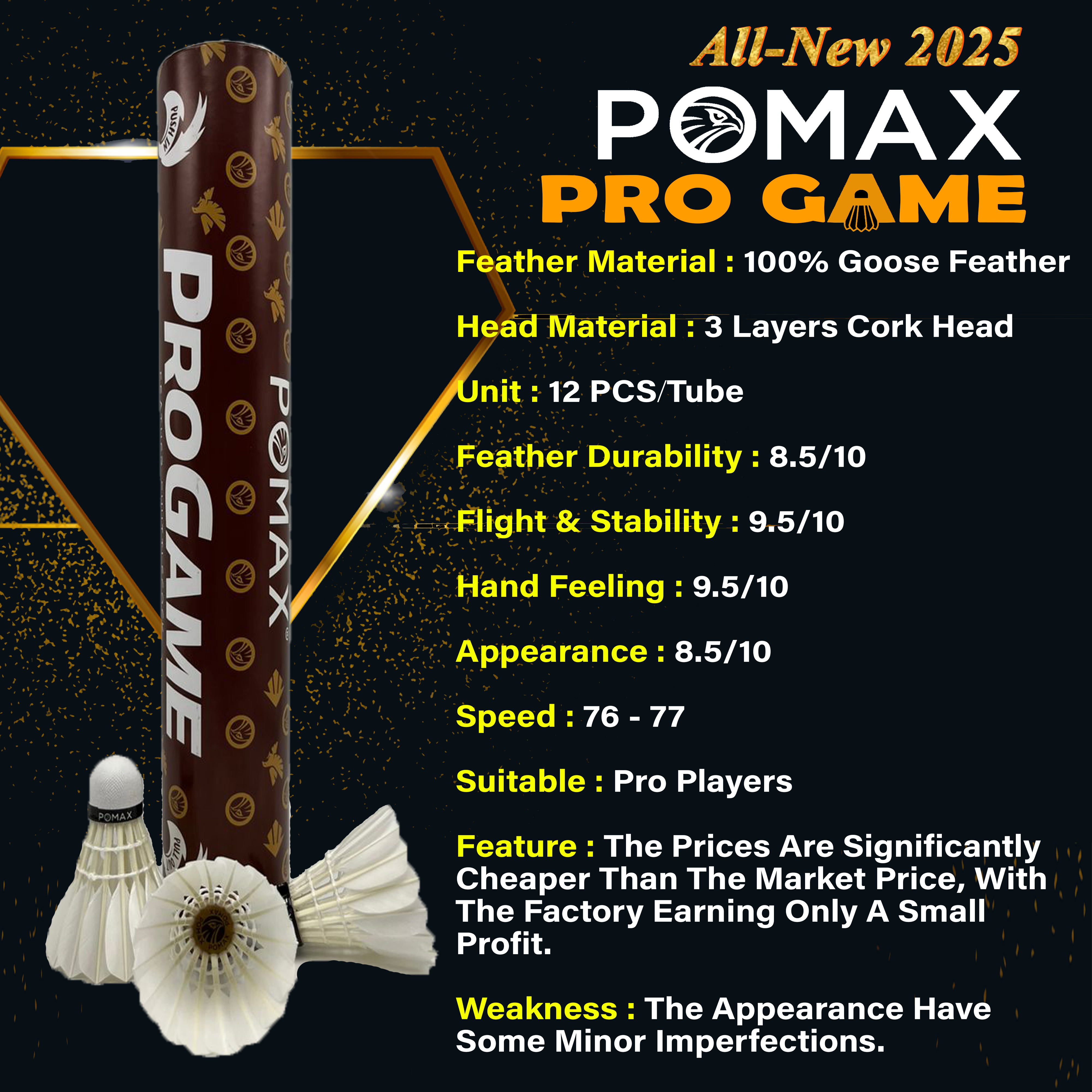 Pomax Pro Game Badminton Shuttlecocks (Quality Goose Feather ...