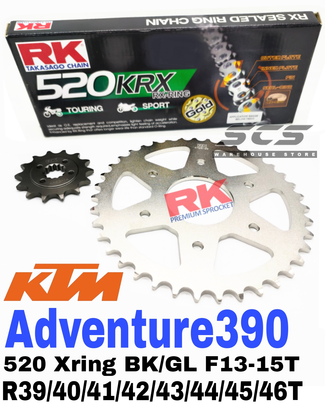 RK Sprocket Set KTM Adventure 390 New 520 KRX X-Ring Black Gold Chain ...