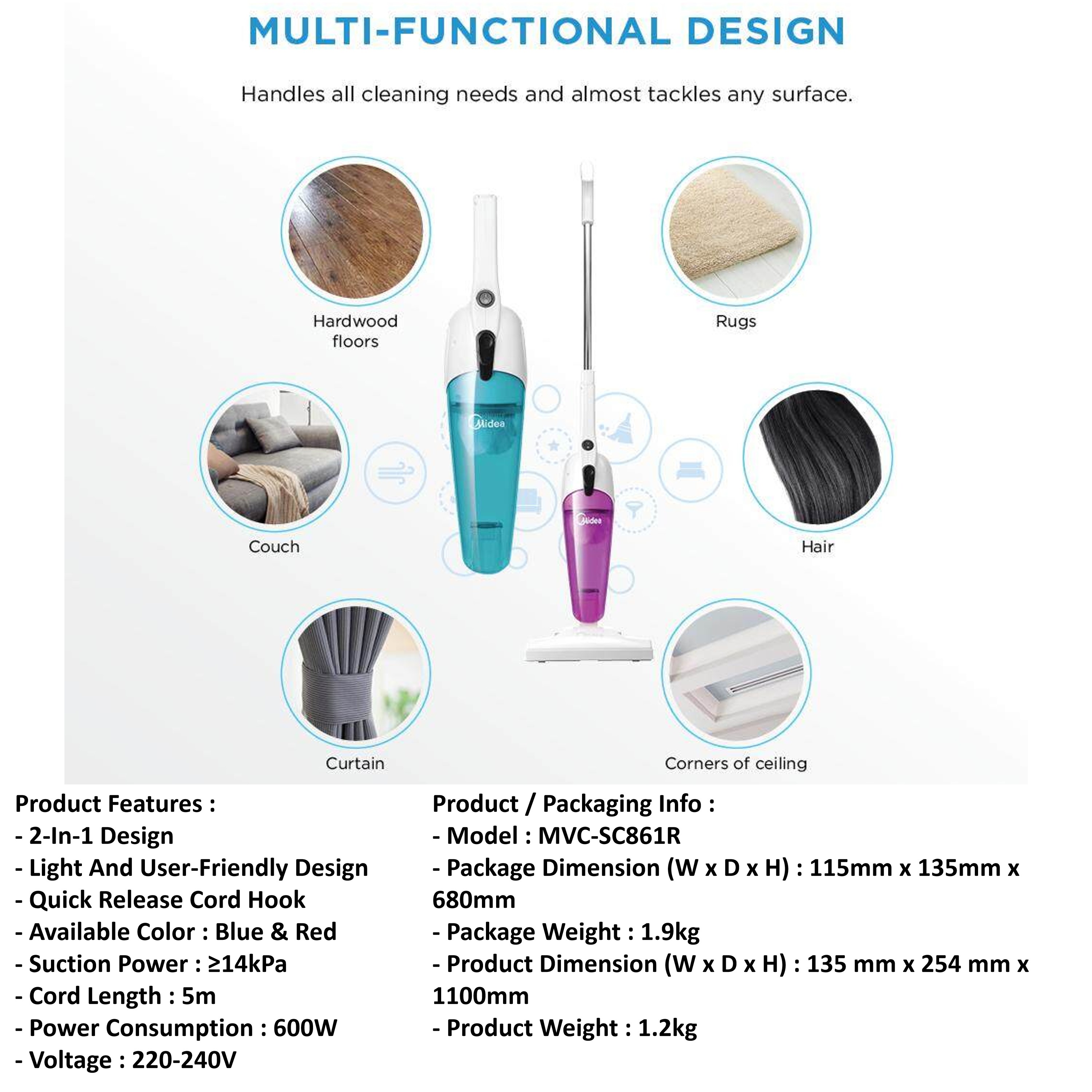 Midea 2 in 1 Stick Vacuum Cleaner MVC-16P MVC-SC861R Hand-Held Type MVC ...