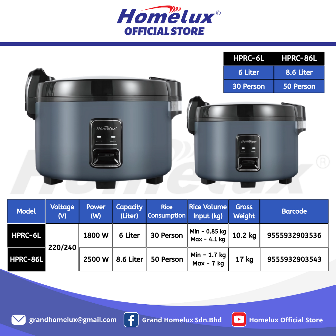HOMELUX COMMERCIAL ELECTRIC RICE COOKER & WARMER HPRC SERIES HPRC-6L ...
