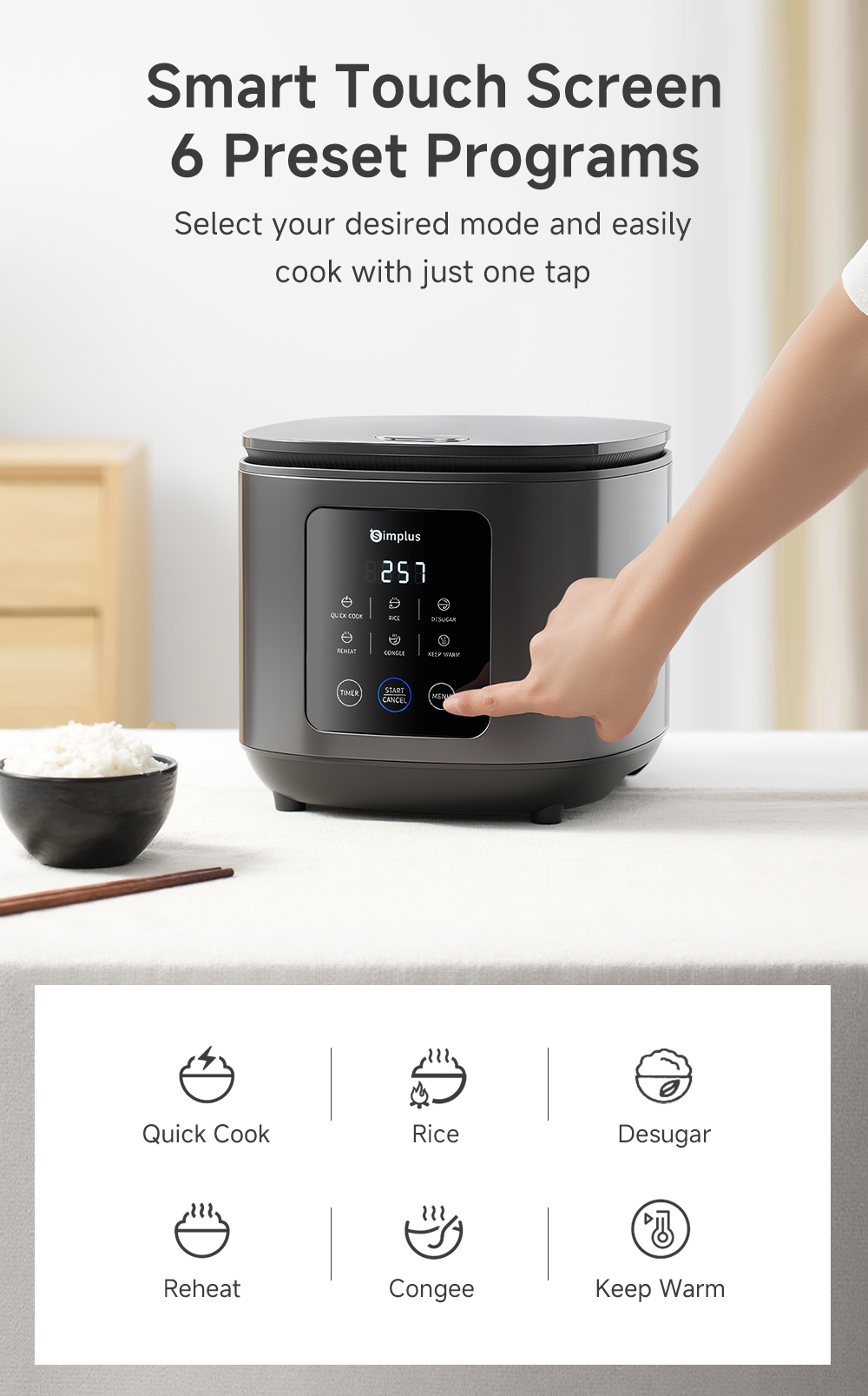 Simplus 4L Rice Cooker | Low Sugar Low Carbon | 6 Preset Programs | 24H ...