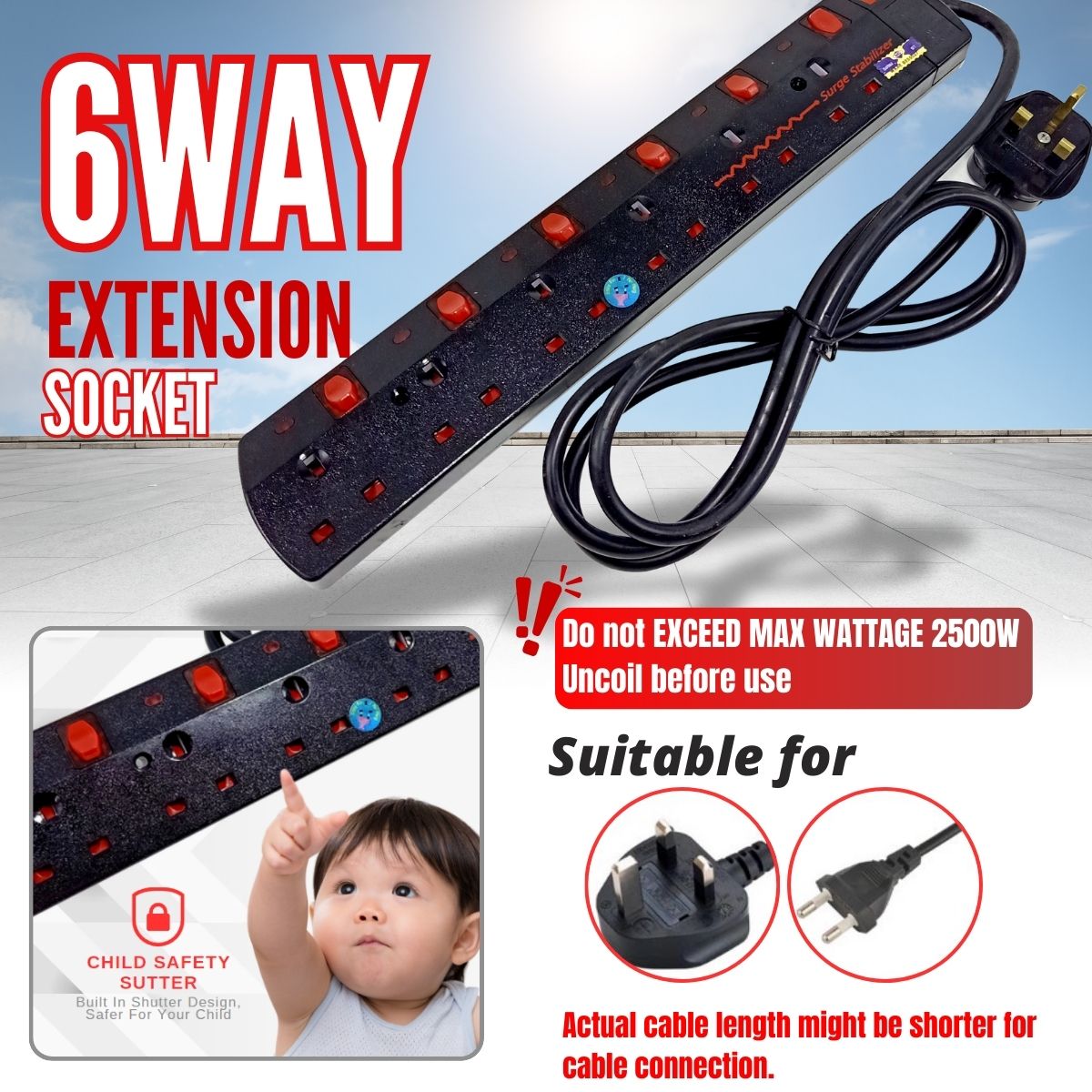 [SIRIM] 6Ways 2Yard Portable Extension Trailing Socket Extension Plug ...