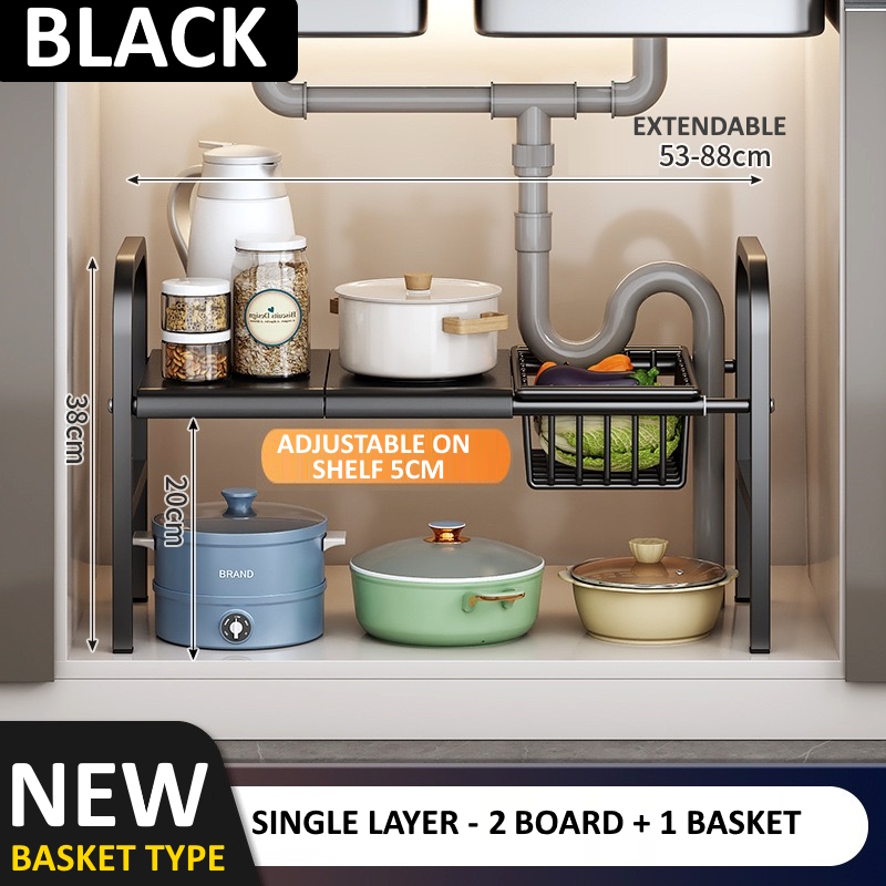 NEW VERSION BOARD + BASKET Extendable Stainless Steel Under Sink Rack ...