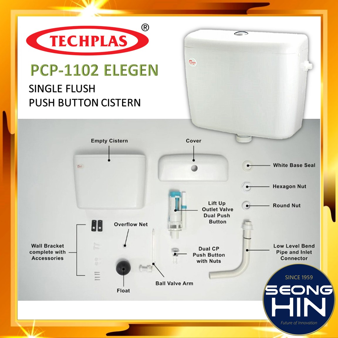 TECHPLAS 1102 9 Liter Low Level Single Flush Push Button Cistern Toilet ...