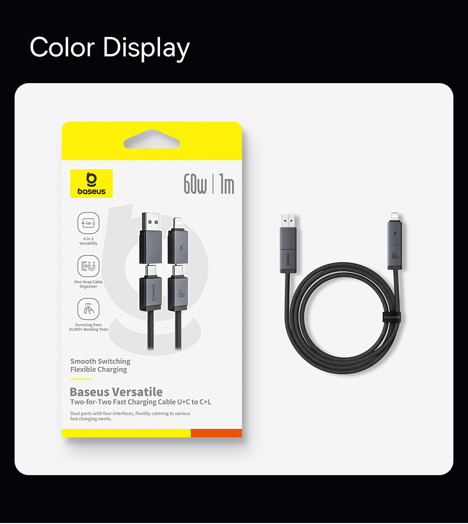 Baseus 4 in 1 USB Cable 60W Fast Charging Cable For iP Laptop Xiaomi ...