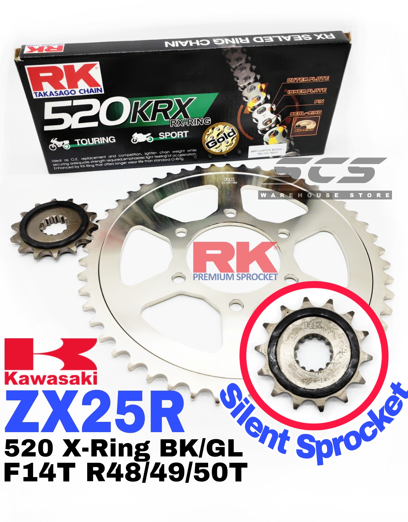RK Sprocket Set Kawasaki ZX25R RK 520 KRX X-Ring Gold Chain F14T R48 ...