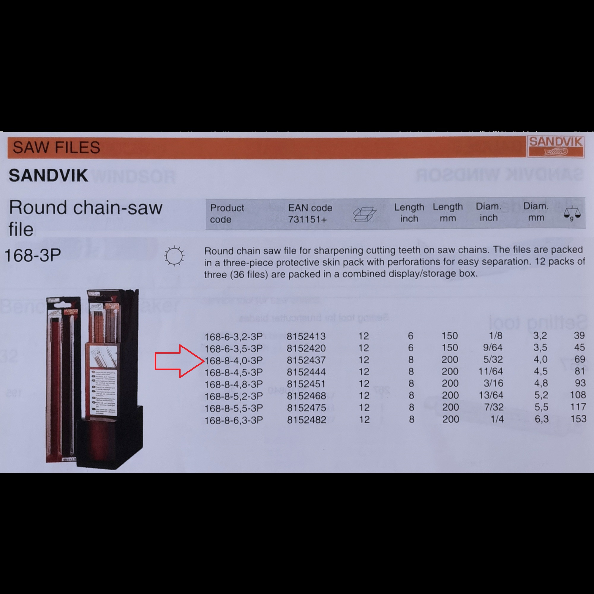 SANDVIK (Sweden) Round Chainsaw File 4mm dia. x 200mm L 168-8-4.0-3P ...