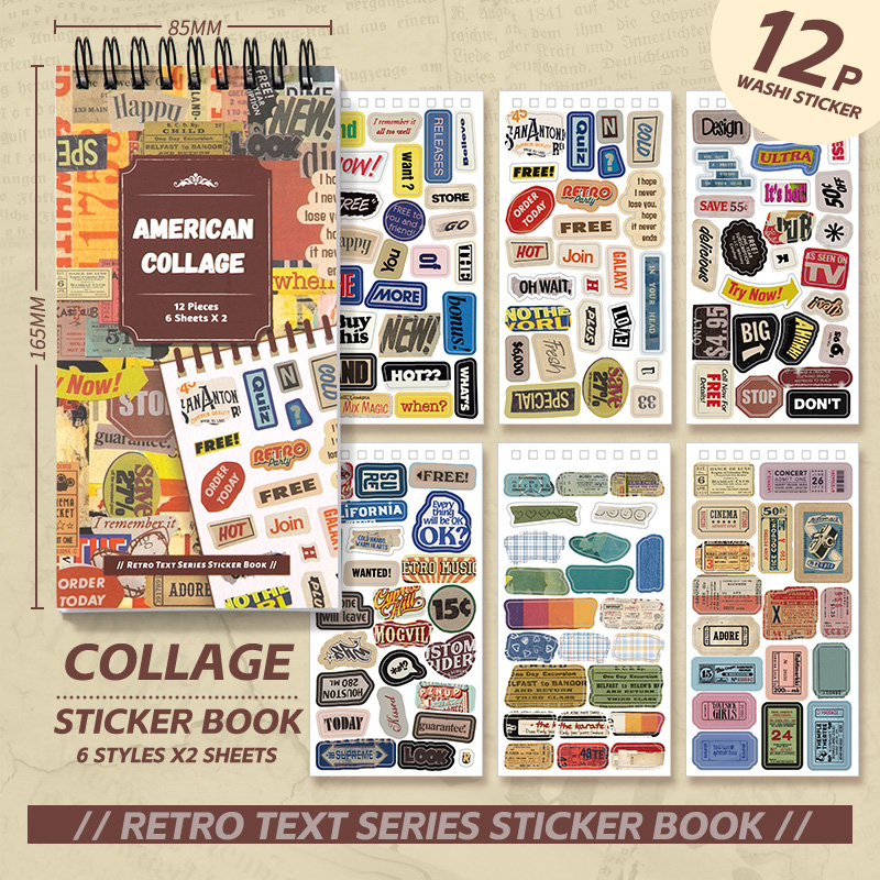 12 Sheets Vintage Text Stickers Book 100+pcs English Wording Sticker ...