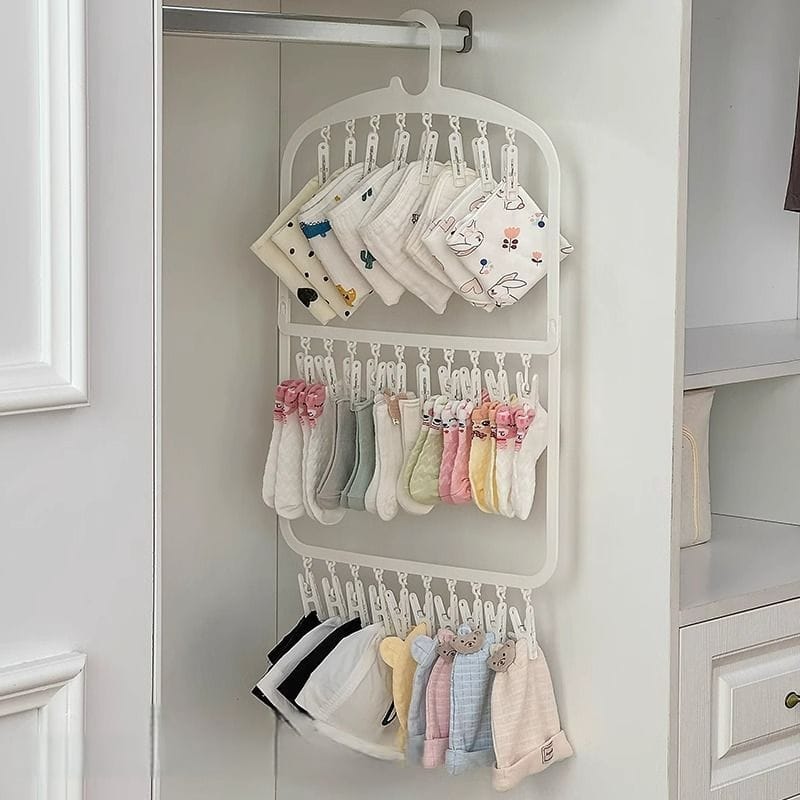 28 clips Wardrobe Baby Kids Clothes Socks Selves 3-tier Hanger Rack ...