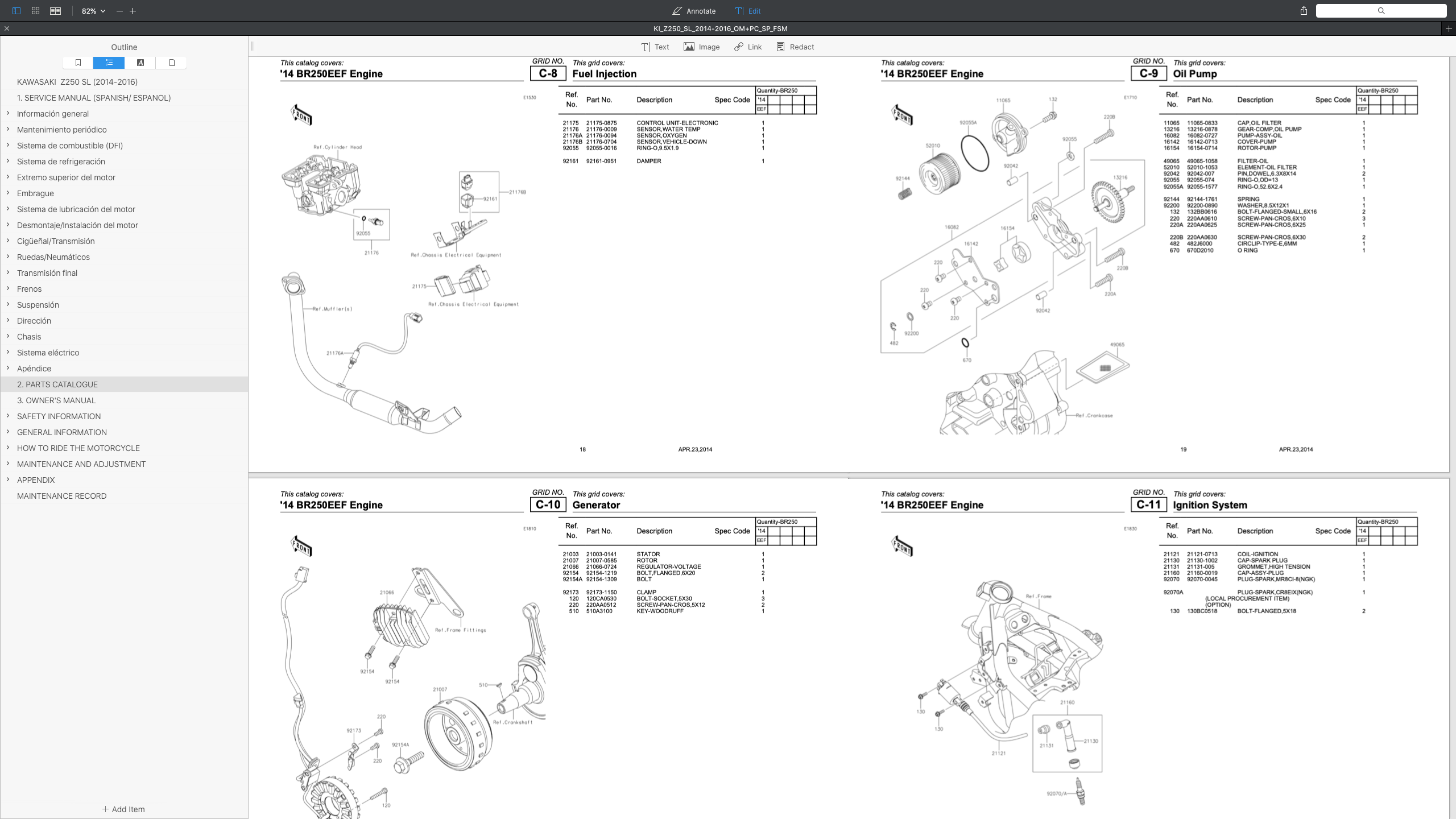KAWASAKI Z250 SL (2014-2016) SERVICE WORKSHOP MANUAL (SPANISH LANGUAGE ...