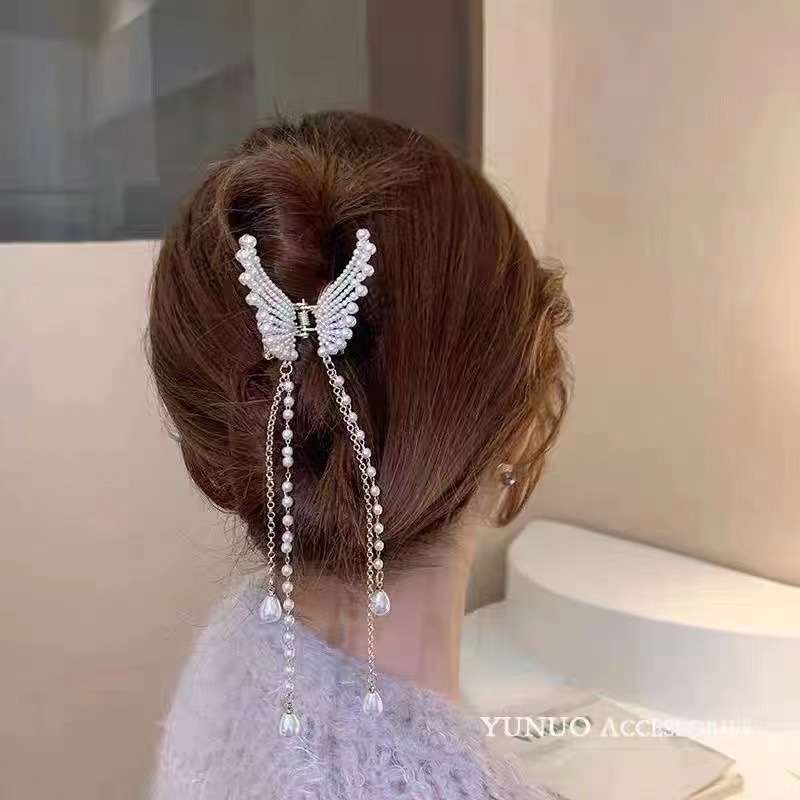 新中式蝴蝶流苏发夹女优雅气质半扎马尾夹后脑勺束发抓夹甜美发饰 New Chinese style butterfly tassel ...