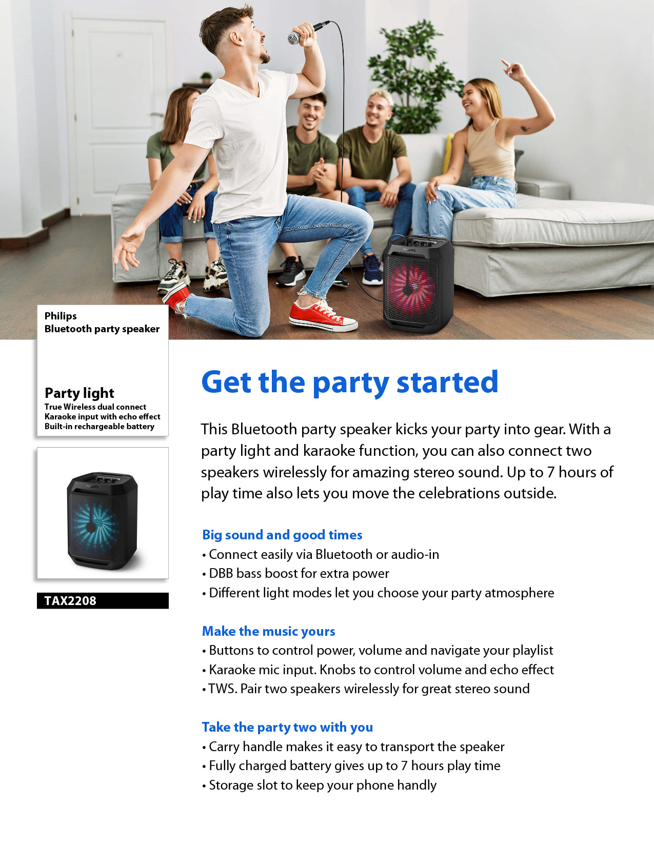 PHILIPS TAX2208 Wireless Speaker with 30W, Bluetooth 5.2, 3.5mm Line-in ...