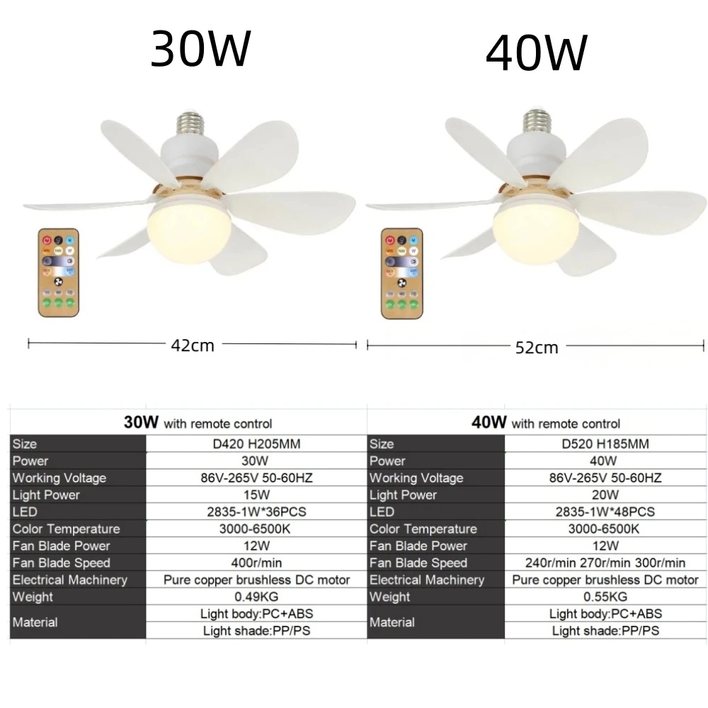 E27 Smart Fan Light 40W 30W Wireless Remote Control Led Ceiling Fan ...