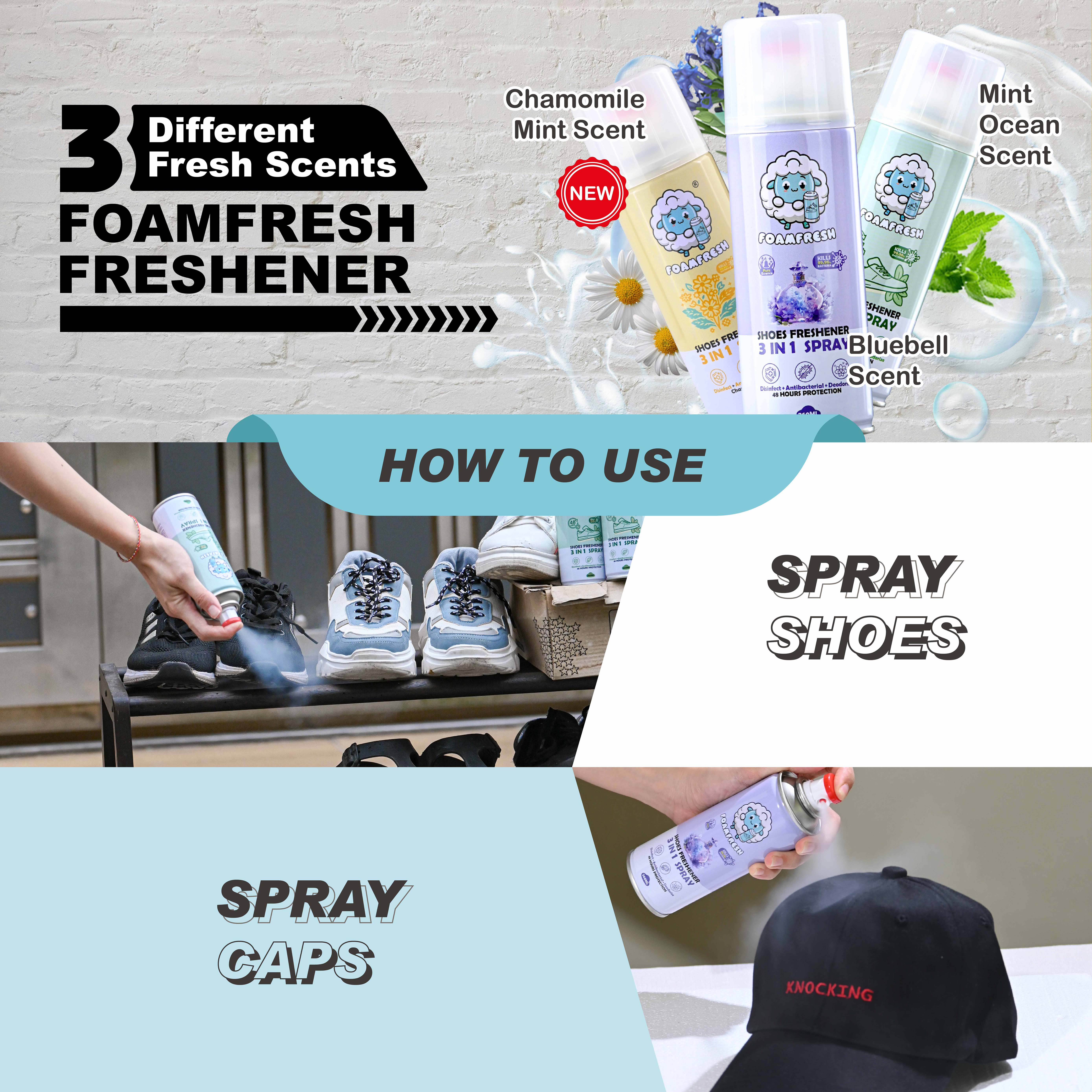 FOAMFRESH Shoes Freshener (260ml) 3in1 Spray Shoe Deodorizer Pewangi ...