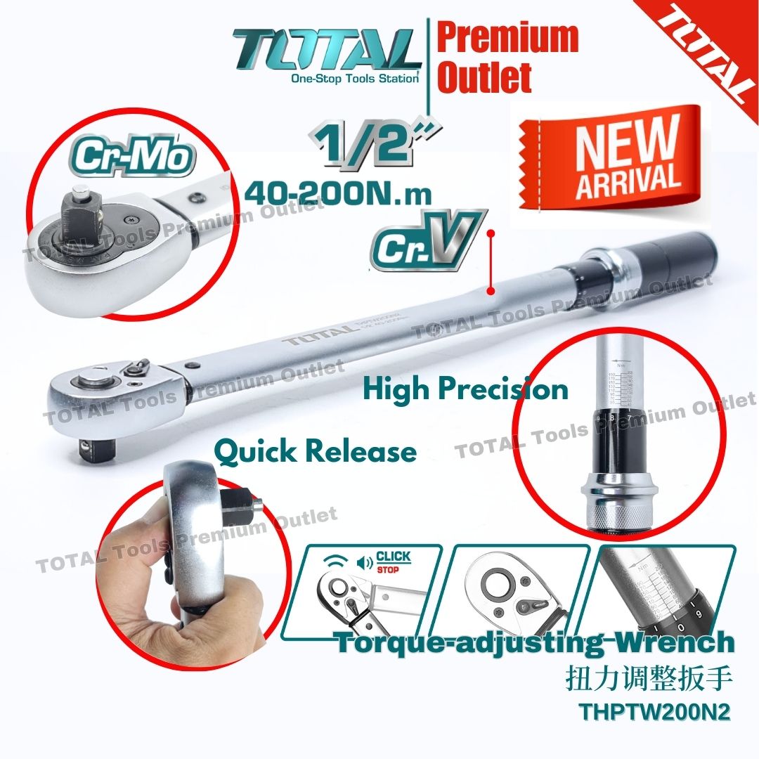 TOTAL Tools Adjustable Torque Wrench [ 1/2″/ 40~200Nm / 500mm ...