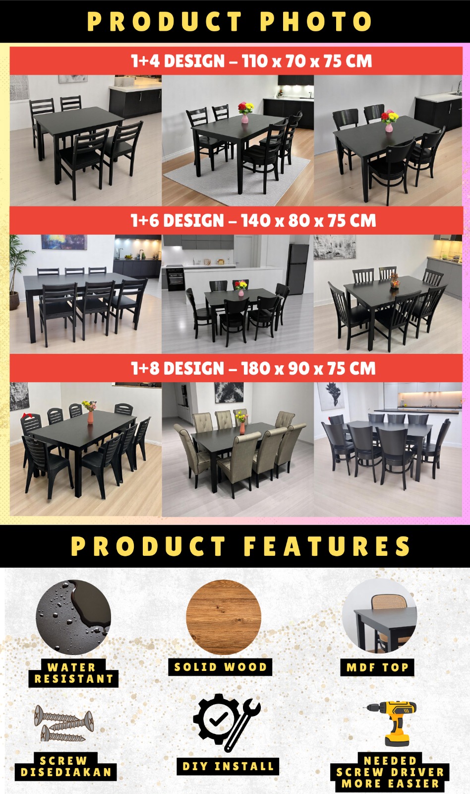 familystar2u 1008 Dining Set Dining Table Dining Chair Black 1+4 / 1+6 ...