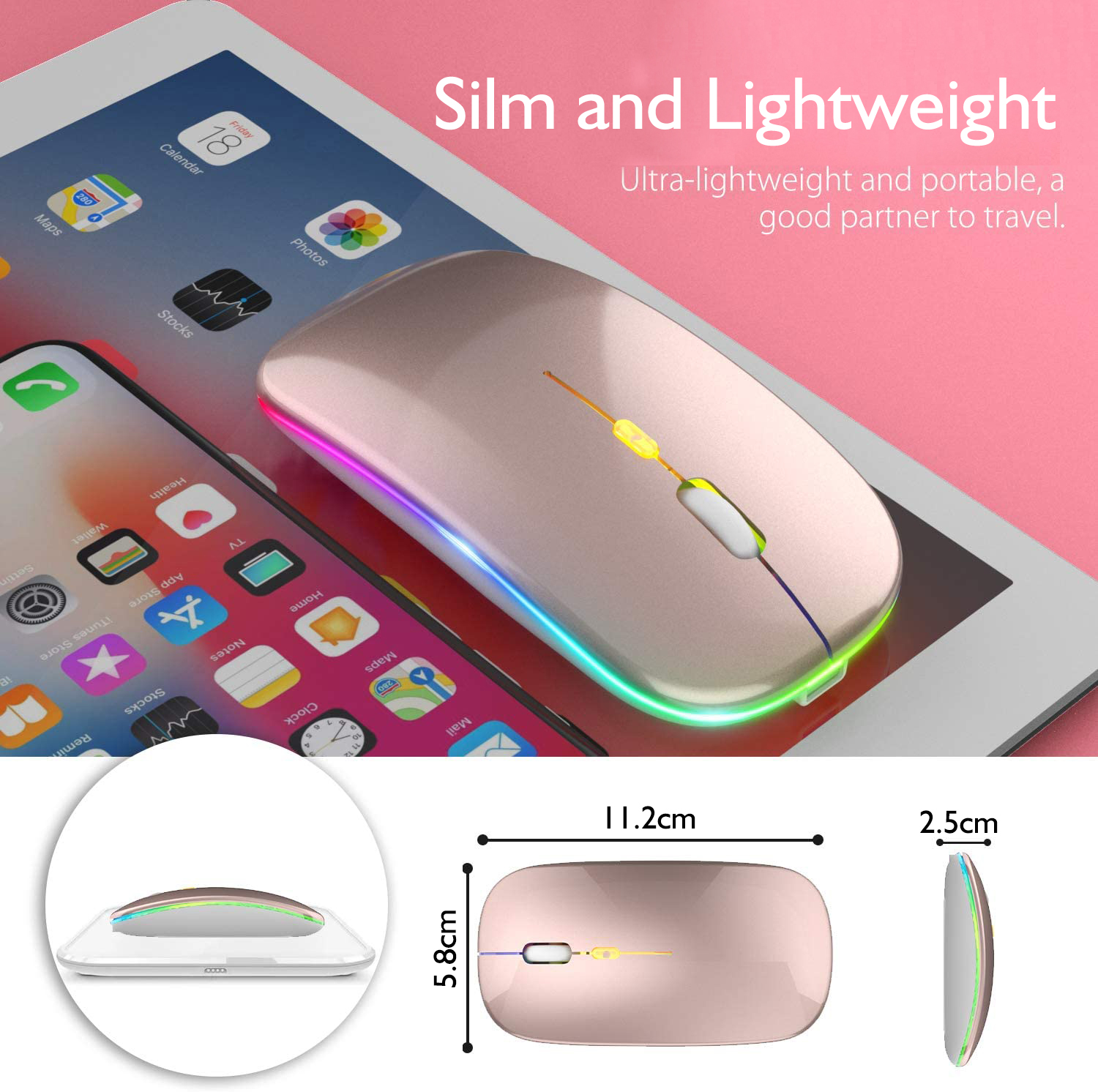 Wireless Bluetooth Mouse LED Backlit Mice Rechargeable 2.4Ghz Receiver ...