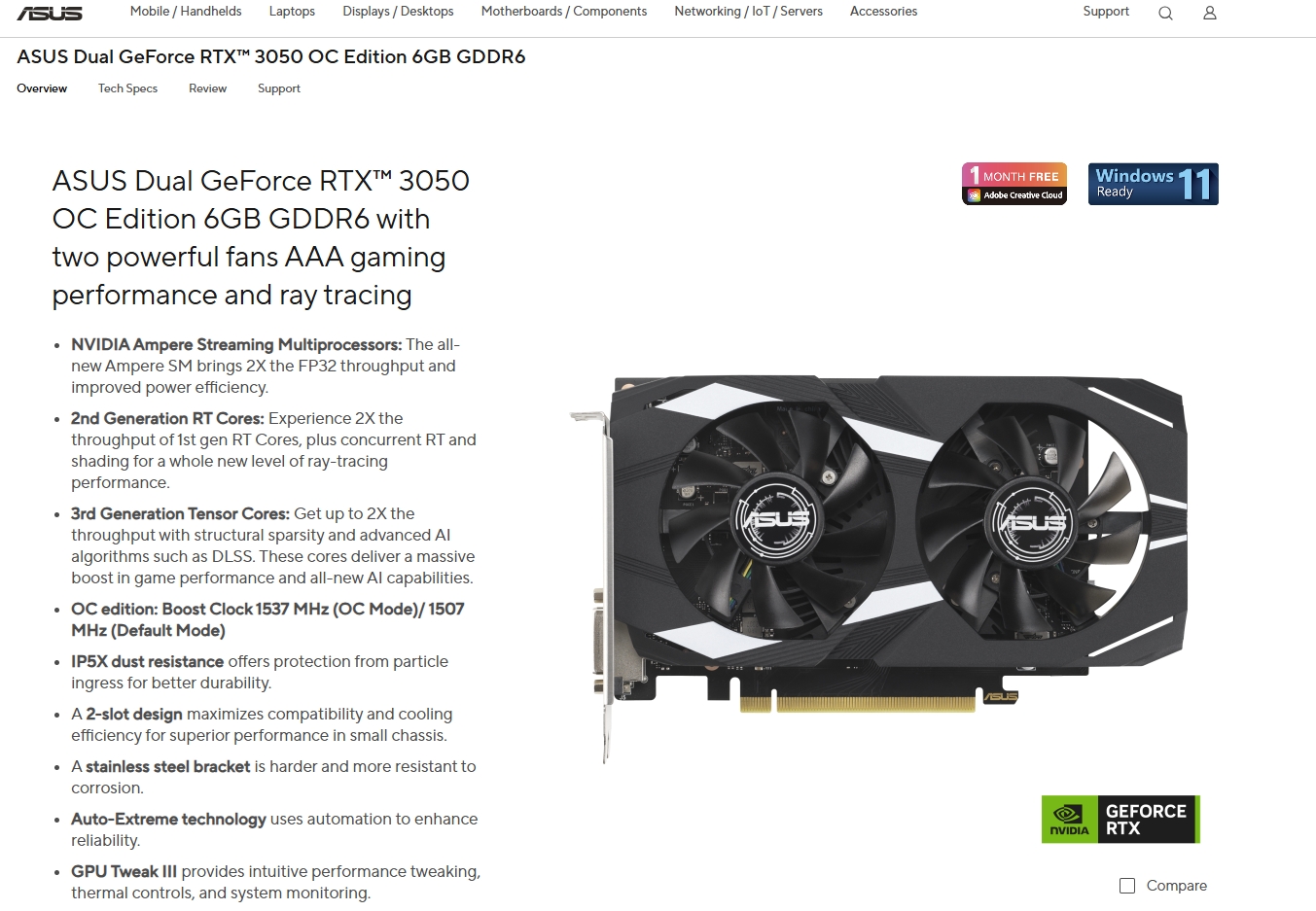 ASUS DUAL GEFORCE RTX 3050 OC EDITION 6GB GDDR6 128BIT GRAPHICS CARD ...